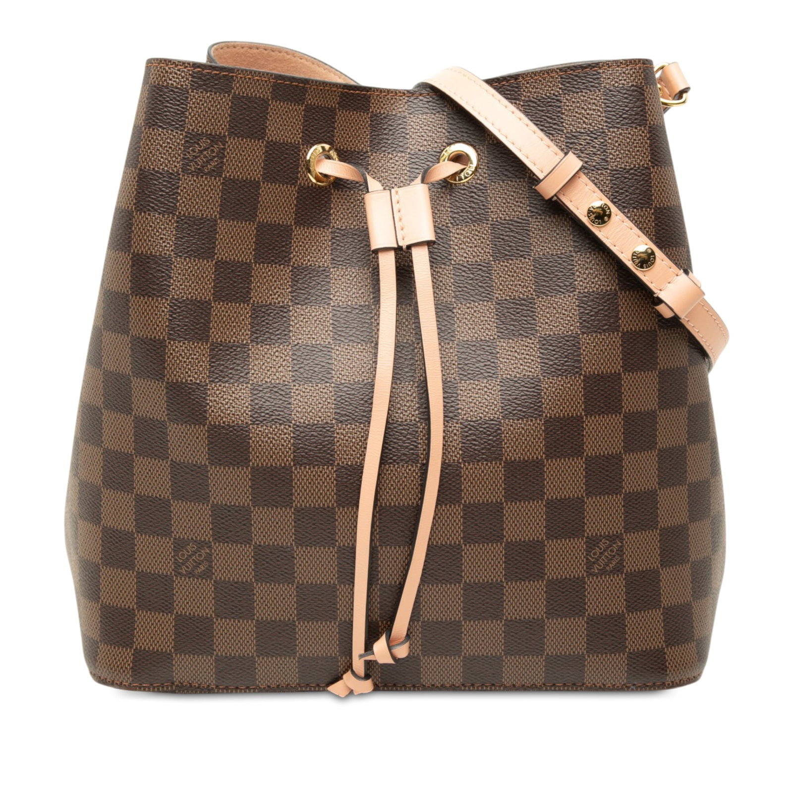 Louis Vuitton NeoNoe MM Damier Ebene Drawstring Shoulder Bag: Louis Vuitton NeoNoe MM Damier Ebene Drawstring Shoulder Bag Louis Vuitton NeoNoe MM bucket bag in Damier Ebene canvas with a flat leather strap, drawstring closure, and an interior zip pocket. Made i