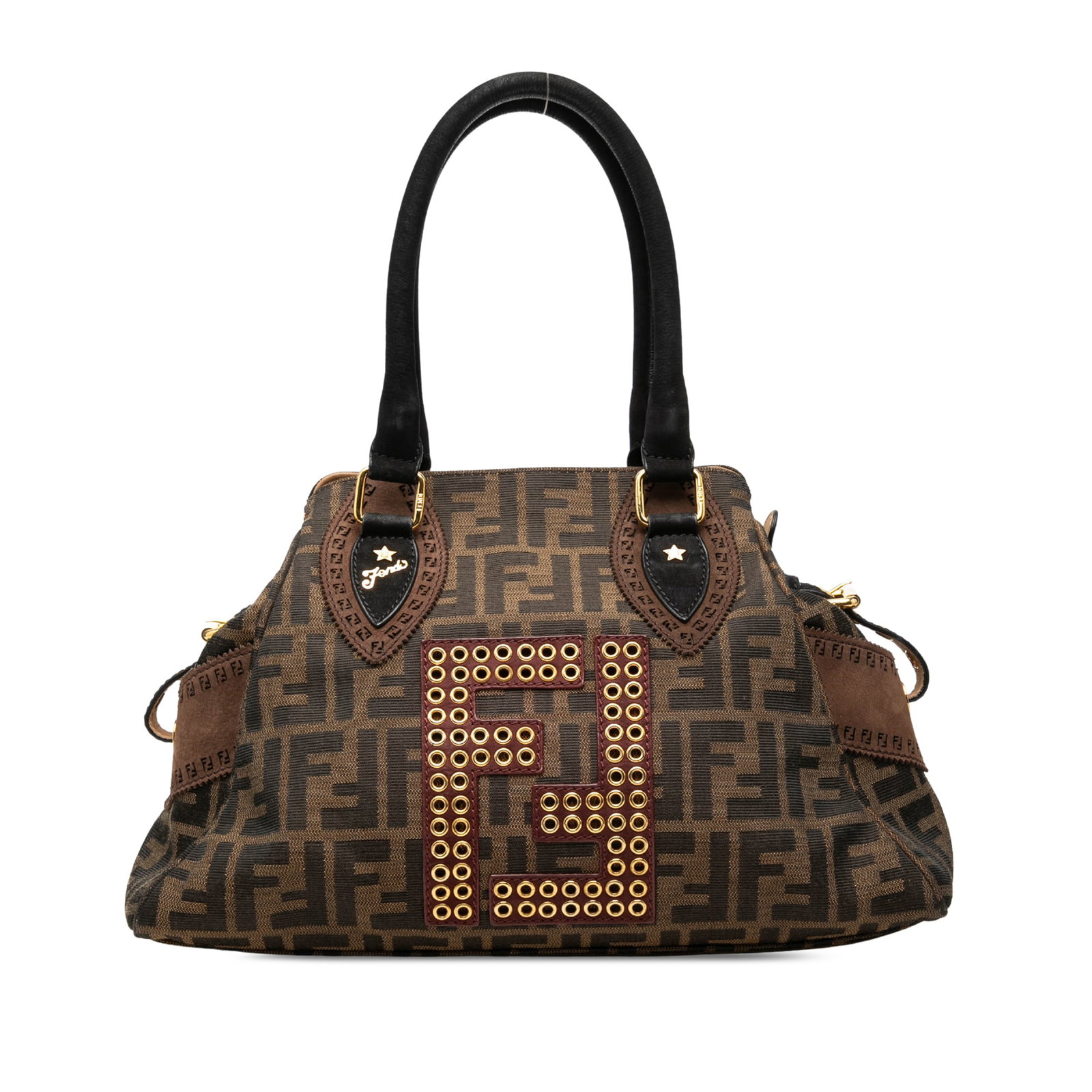Fendi Etniko Du Jour Tote in Zucca Canvas with Grommets: Fendi Etniko Du Jour Tote in Zucca Canvas with Grommets This Fendi Etniko Du Jour tote features a brown canvas body with nubuck leather trim and grommet detailing. It is designed with rolled leather h