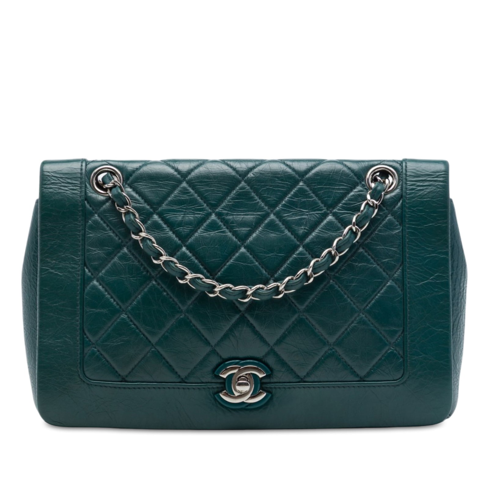 Chanel Bi Vintage Medium Full Flap Green Quilted Calfskin Bag: Chanel Bi Vintage Medium Full Flap Green Quilted Calfskin Bag A Chanel Medium Quilted Crumpled Calfskin Bi Vintage Full Flap bag in green. This shoulder bag features a quilted crumpled calf leather bo
