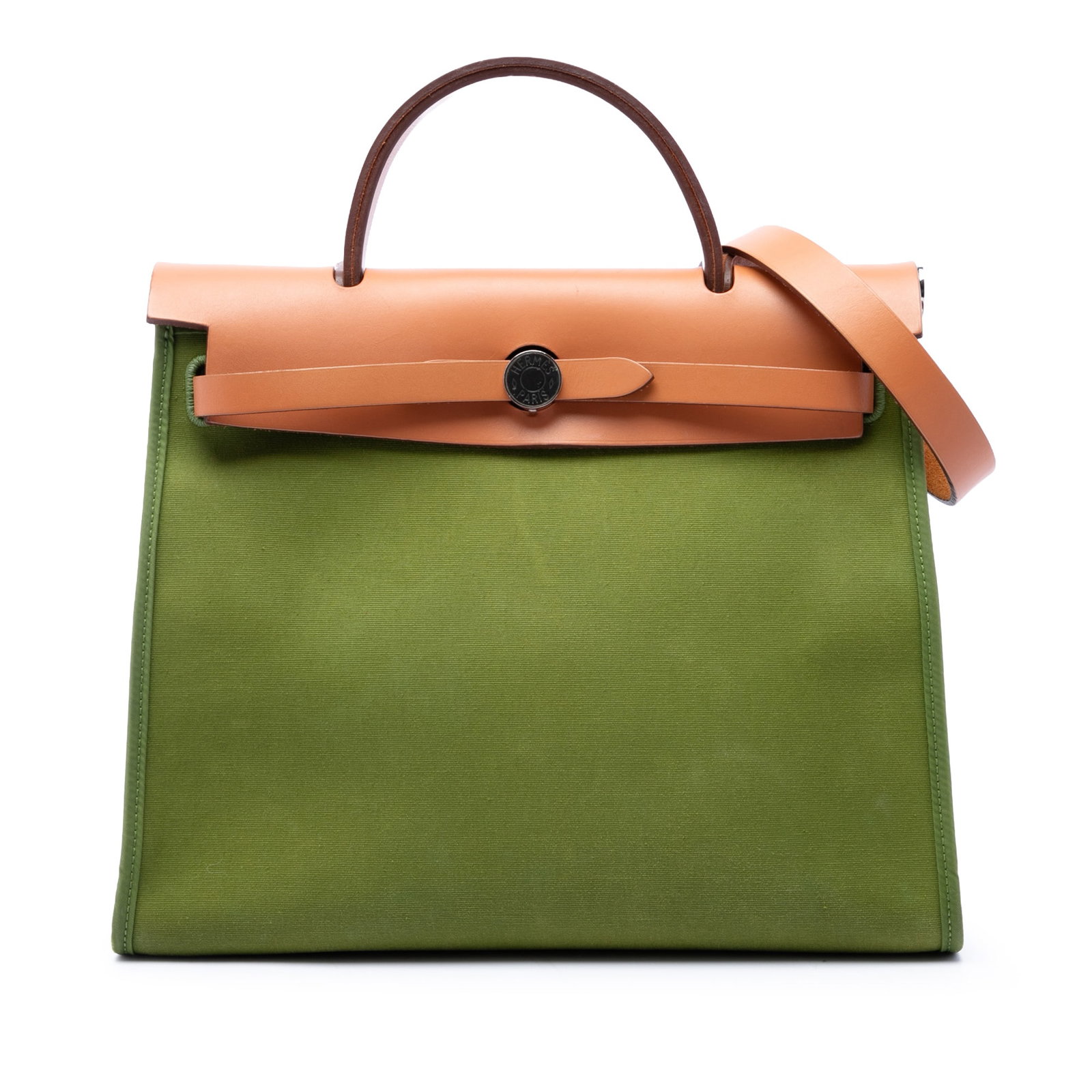 Hermes Toile Herbag Zip 31 Shoulder Bag Green Fabric: Hermes Toile Herbag Zip 31 Shoulder Bag Green Fabric The Hermes Herbag Zip 31 is a structured handbag with a canvas body and leather trim. It features a flat leather top handle, a flat leather shoulde
