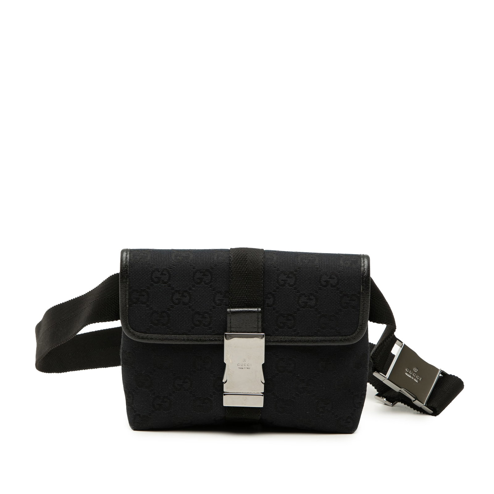 Gucci GG Canvas Waist Bag Black Fabric and Leather: Gucci GG Canvas Waist Bag Black Fabric and Leather Gucci GG Canvas belt bag crafted in black canvas with leather trim. It features an adjustable flat waist strap, a flap with buckle closure, and an in
