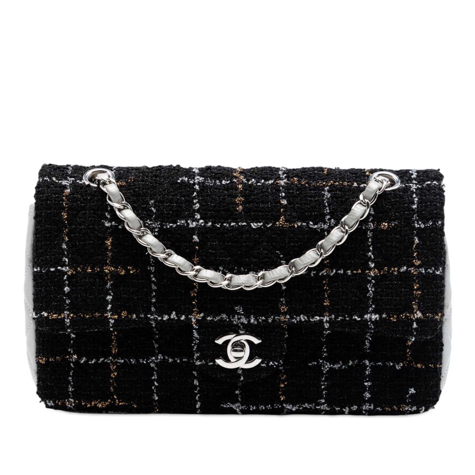 Chanel Medium Classic Double Flap Shoulder Bag Quilted Tweed Lambskin: Chanel Medium Classic Double Flap Shoulder Bag Quilted Tweed Lambskin Medium Classic Quilted Tweed and Metallic Lambskin Double Flap shoulder bag with a quilted tweed body, leather-woven chain-link sh