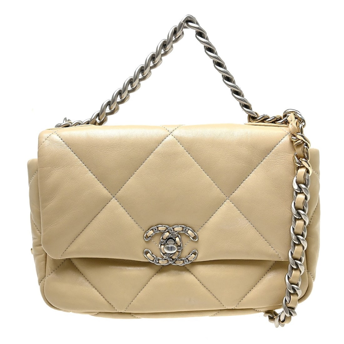 CHANEL 19 Beige Lambskin Shoulder Bag with Chain Strap: CHANEL 19 Beige Lambskin Shoulder Bag with Chain Strap Chanel 19 2way handbag in beige lambskin leather with a turn-lock closure, chain shoulder strap, and logo accent. This medium handbag features a