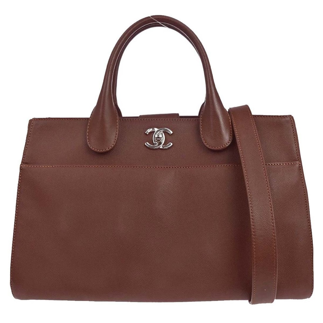 CHANEL Executive Cerf medium brown caviar leather 2way tote: CHANEL Executive Cerf medium brown caviar leather 2way tote Chanel Executive Cerf 2-way tote bag in brown calfskin with black double handles, a turn-lock closure, logo accents, and a canvas-lined inte
