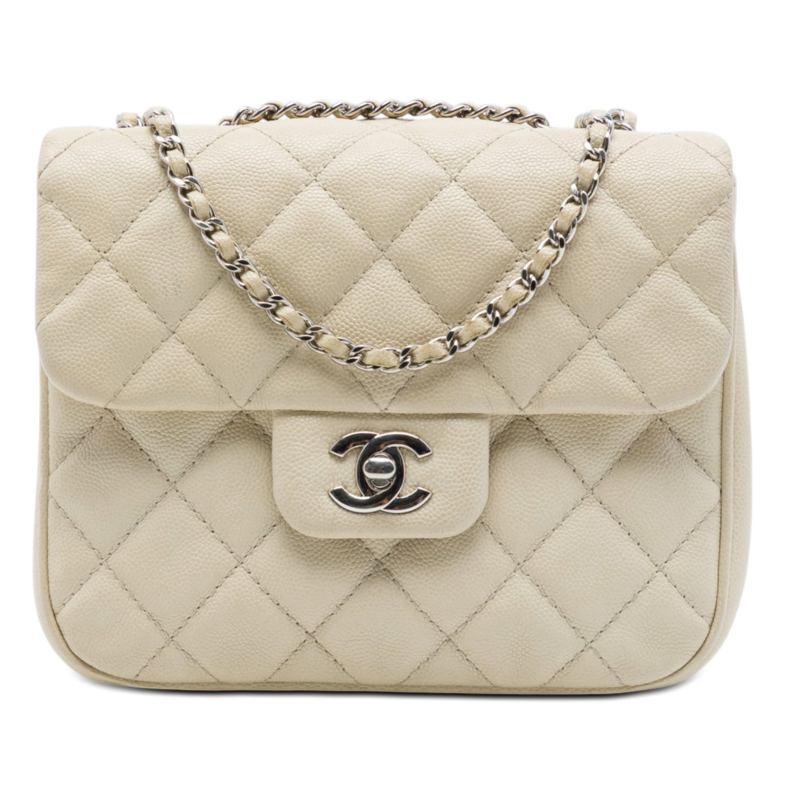 Chanel Urban Companion Flap Small White Quilted Caviar Leather Bag: Chanel Urban Companion Flap Small White Quilted Caviar Leather Bag A compact Chanel flap bag crafted in white quilted caviar leather. It features a leather-woven chain strap with a leather guard, a fr