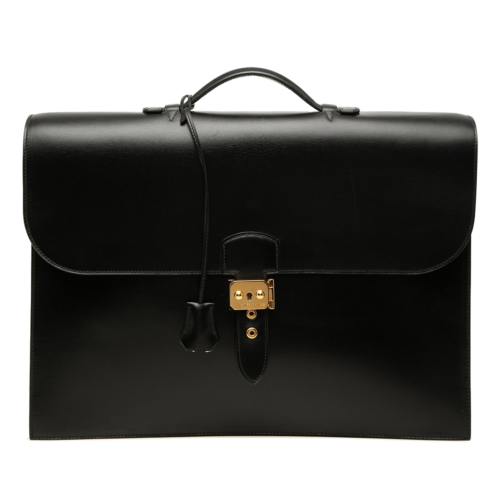 Hermes Sac a Depeches 41 Black Box Calf Briefcase: Hermes Sac a Depeches 41 Black Box Calf Briefcase Hermes Sac a Depeches 41 business bag in black box calf leather. This structured design features a flat top handle, a top flap with push lock closure,