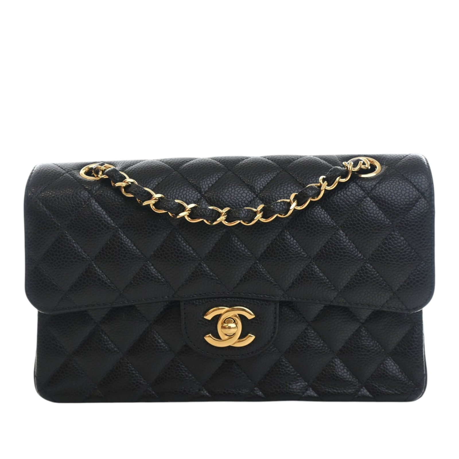 Chanel Small Classic Double Flap Shoulder Bag Black Caviar Leather: Chanel Small Classic Double Flap Shoulder Bag Black Caviar Leather Chanel Small Classic Caviar Double Flap shoulder bag in black quilted caviar leather. It features leather-woven chain link straps, do