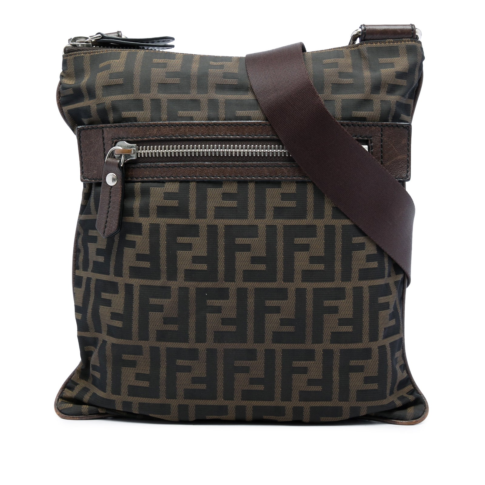 Fendi Zucca Brown Canvas Crossbody Bag with Leather Trim: Fendi Zucca Brown Canvas Crossbody Bag with Leather Trim Fendi Zucca canvas crossbody bag with leather trim and an adjustable flat shoulder strap. The design includes a top zip closure, an exterior fr