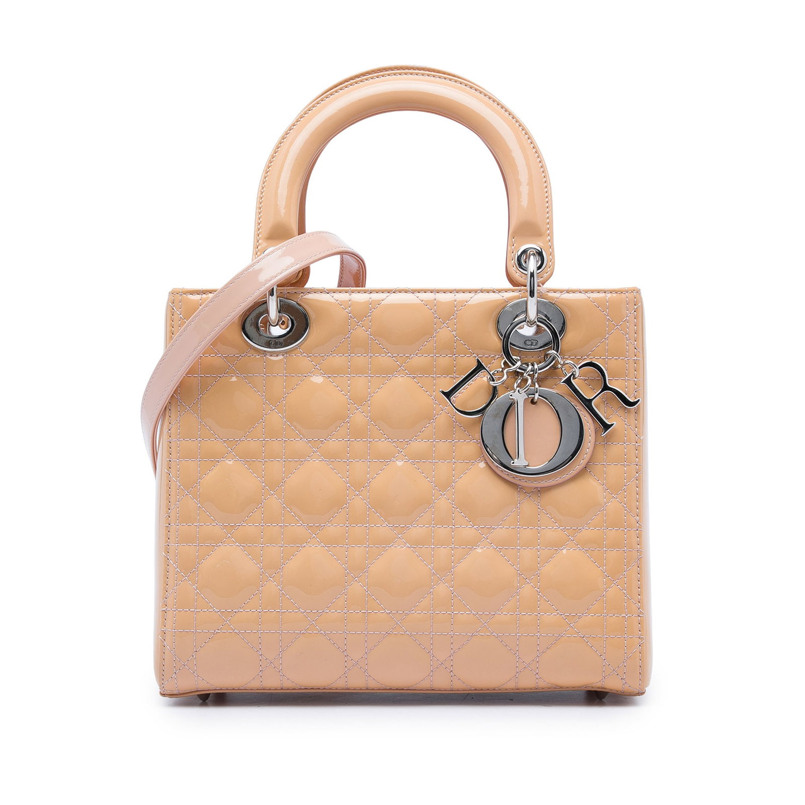 Dior Lady Dior Medium Cannage Patent Leather Handbag Brown: Dior Lady Dior Medium Cannage Patent Leather Handbag Brown A Dior Lady Dior handbag in brown patent leather with the signature Cannage quilted design. This medium bag features flat top handles, a deta