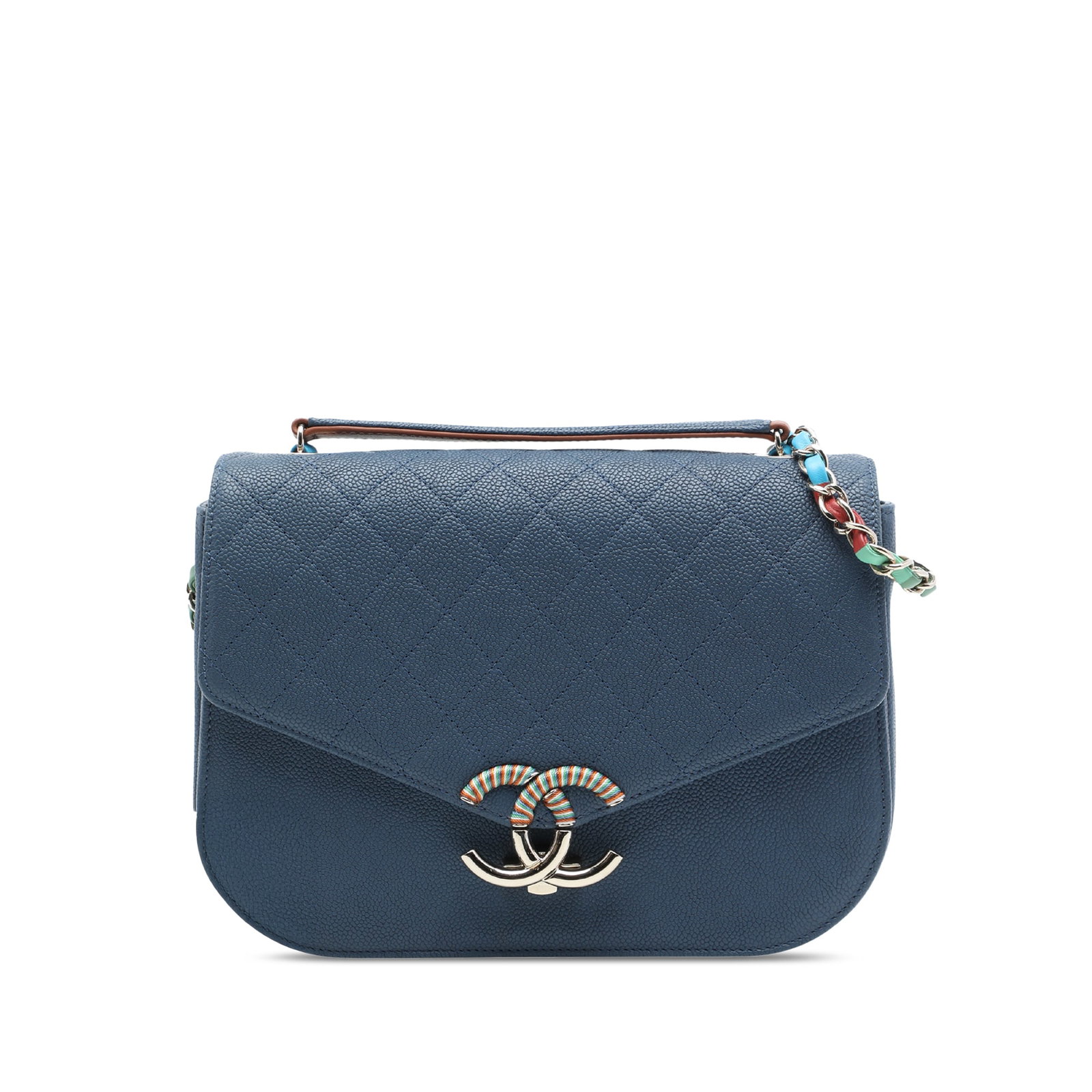 Chanel Small Paris Cuba Thread Around Flap Caviar Leather Bag: Chanel Small Paris Cuba Thread Around Flap Caviar Leather Bag A Chanel Small Caviar Paris Cuba Thread Around Flap satchel in blue quilted caviar leather. This bag features a flat leather top handle, a