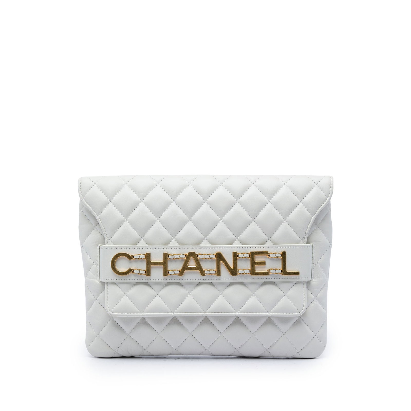 Chanel Logo Enchained Quilted Calfskin Leather Clutch Bag: Chanel Logo Enchained Quilted Calfskin Leather Clutch Bag Chanel quilted calfskin clutch in white with the Logo Enchained design. This bag features a front flap with magnetic snap closure, an exterior