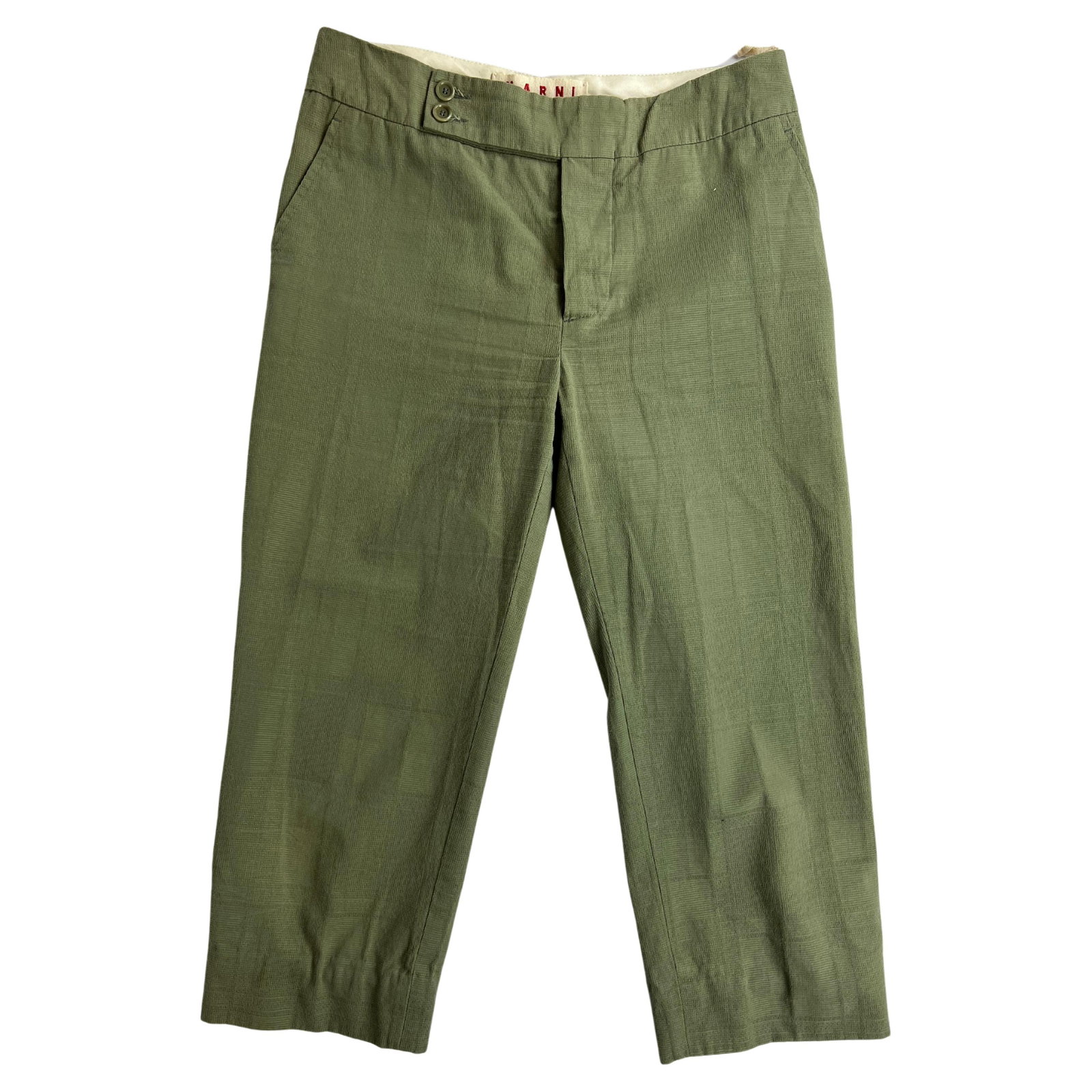 Marni Checkered Cotton Capri Pants Green EU 40: Marni Checkered Cotton Capri Pants Green EU 40 Marni green capri pants in size 40 (EU), made from 100% cotton. These pants feature a mid rise, side pockets, a front button and zip closure, a below-the