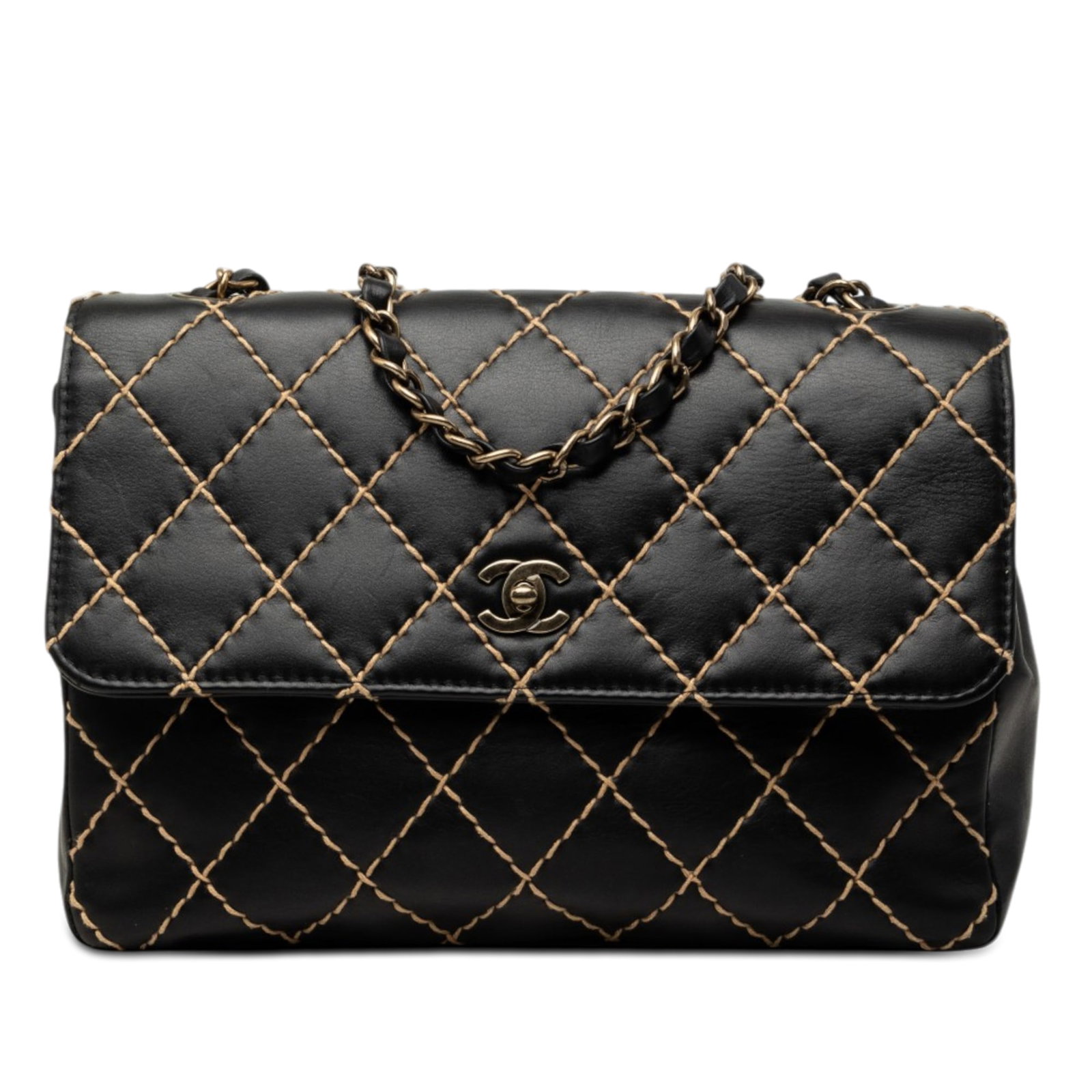 Chanel Wild Stitch Jumbo CC Lambskin Flap Shoulder Bag: Chanel Wild Stitch Jumbo CC Lambskin Flap Shoulder Bag Chanel Jumbo CC Quilted Lambskin Wild Stitch Flap shoulder bag in black leather with leather-woven chain link shoulder straps and a front flap tw
