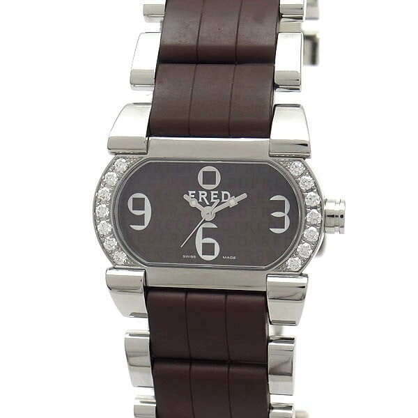 FRED Move One womens quartz wristwatch stainless steel rubber diamond bezel: FRED Move One womens quartz wristwatch stainless steel rubber diamond bezel FRED Move One women's wristwatch with a dark brown dial and a sporty bracelet combining stainless steel and dark brown rubbe
