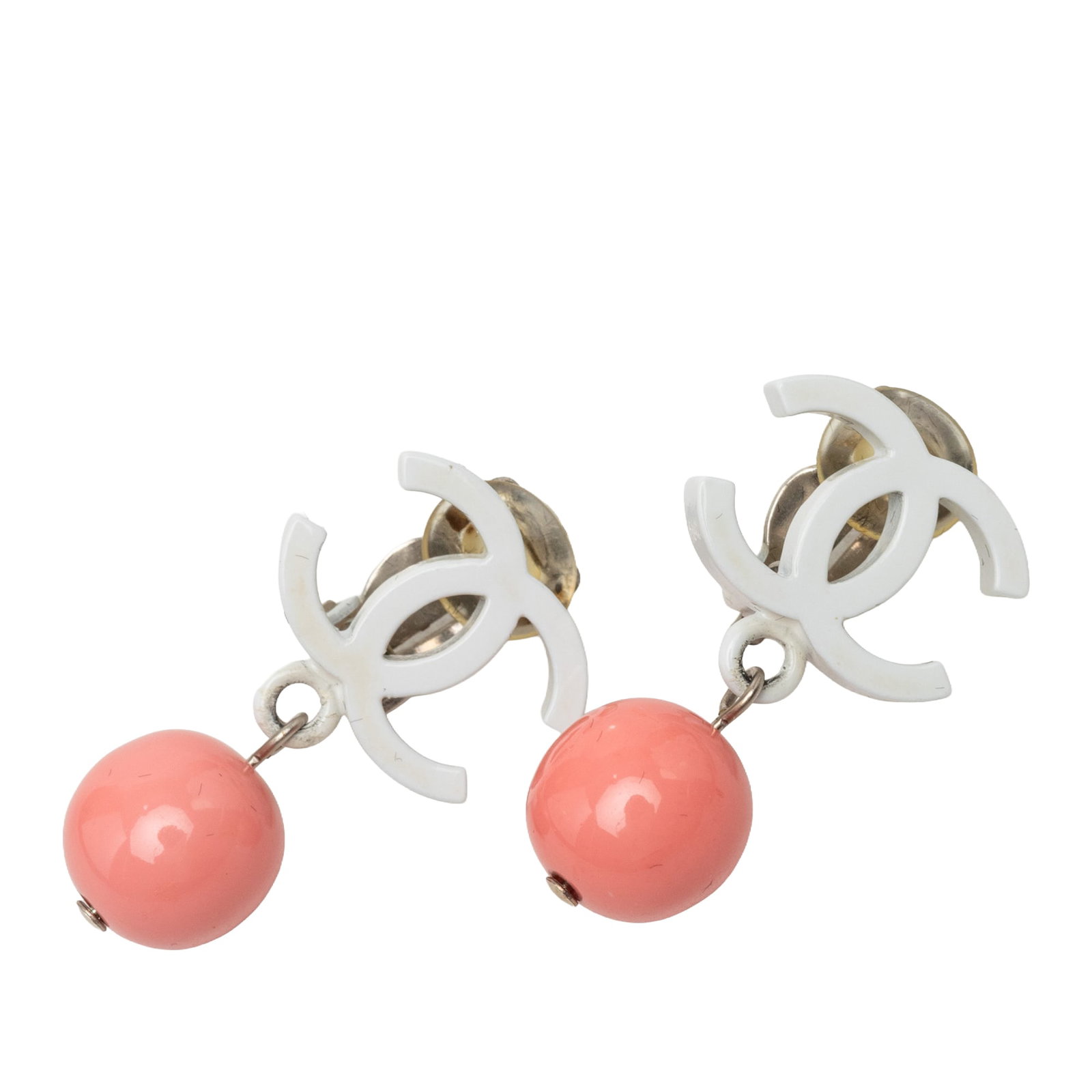 Chanel CC Clip On Drop Earrings Gold Plated Resin Ball: Chanel CC Clip On Drop Earrings Gold Plated Resin Ball Clip-on drop earrings featuring Chanel's CC motif with gold-plated and resin construction. The design pairs a white resin ball with a gold-tone f