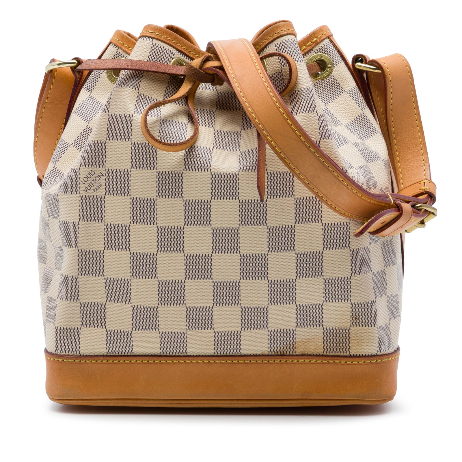Louis Vuitton Noe BB Damier Azur shoulder bag: Louis Vuitton Noe BB Damier Azur shoulder bag Louis Vuitton Noe BB in Damier Azur canvas with vachetta leather trim and an adjustable flat shoulder strap. This bucket-style bag is made in France and f