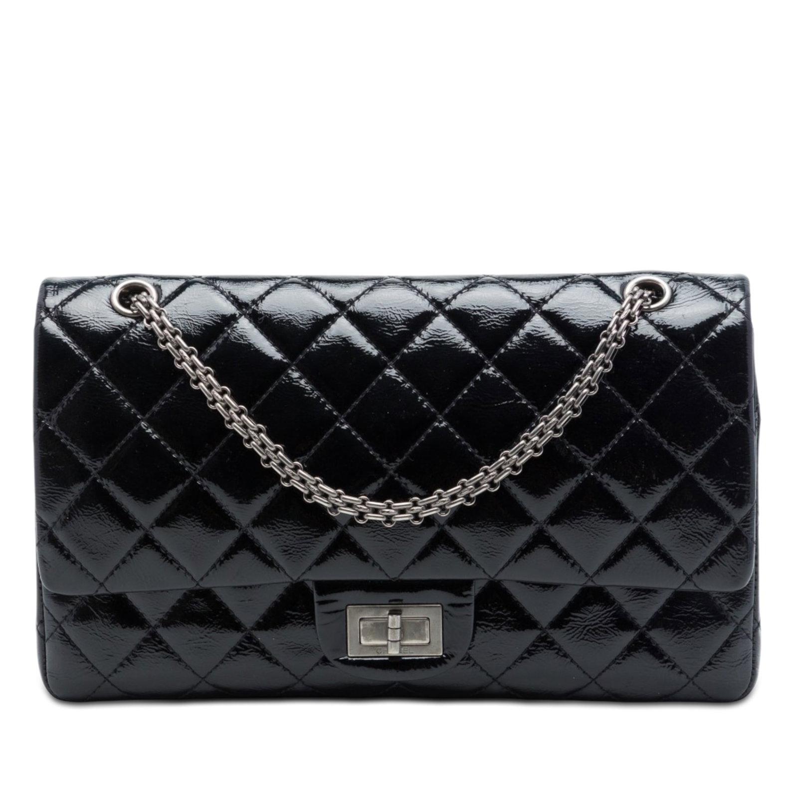 Chanel Reissue 2.55 227 Quilted Patent Leather Shoulder Bag: Chanel Reissue 2.55 227 Quilted Patent Leather Shoulder Bag A Chanel Reissue 2.55 Double Flap 227 bag crafted in quilted crinkled patent leather with silver-tone chain straps and a front twist-lock cl