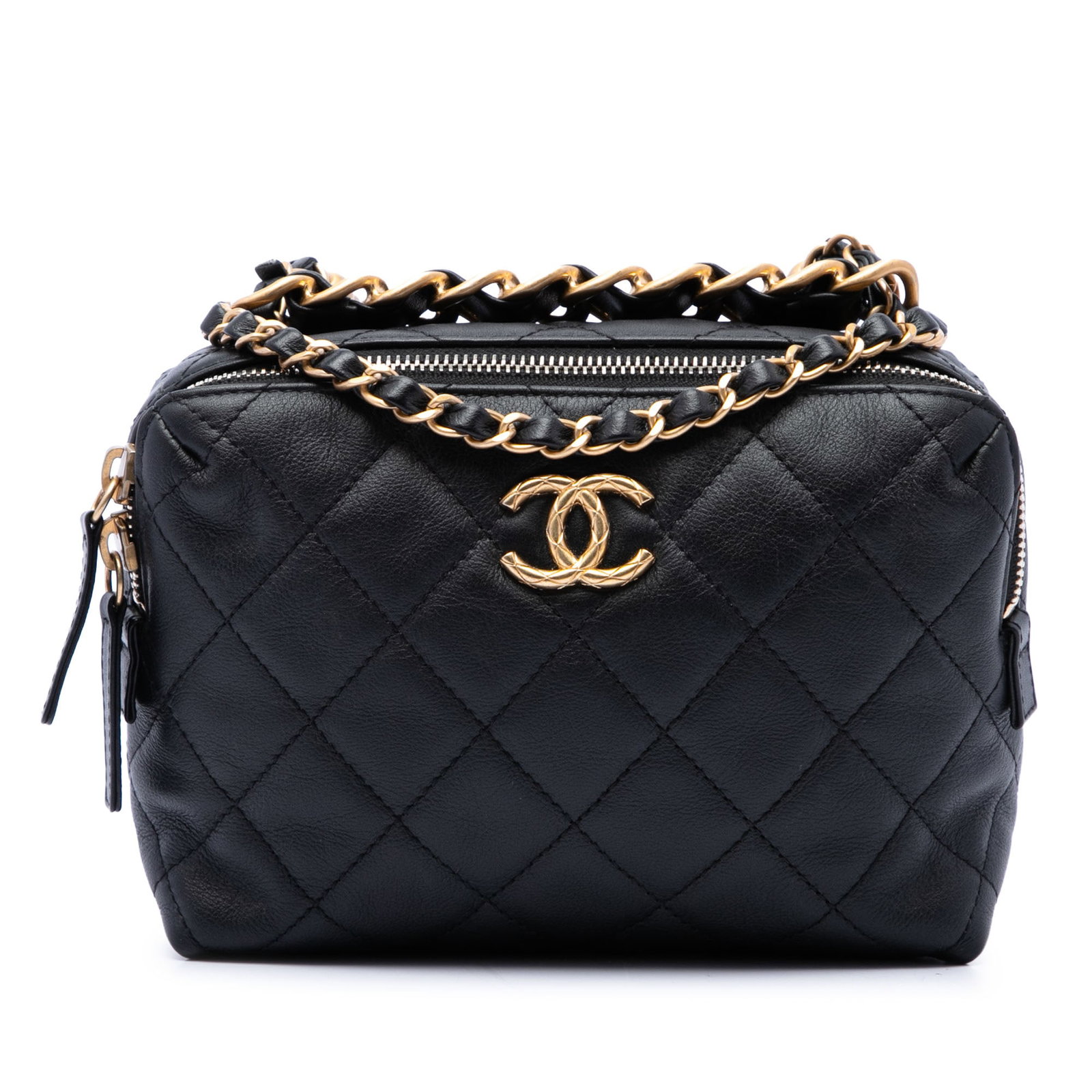 Chanel Mini CC Bowling Bag in Black Quilted Lambskin: Chanel Mini CC Bowling Bag in Black Quilted Lambskin A compact Chanel bowling bag crafted in black quilted lambskin leather. This satchel features leather-woven chain link handles, a leather-woven cha
