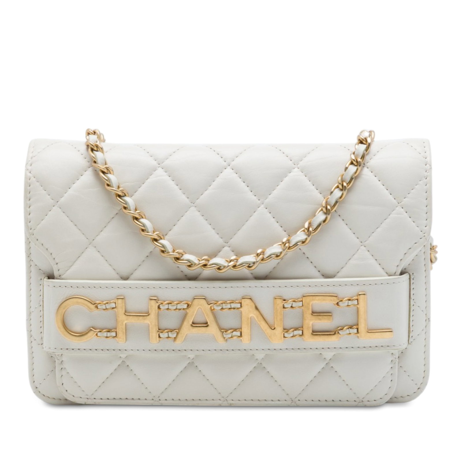 Chanel Enchained Flap Wallet on Chain in White Calfskin: Chanel Enchained Flap Wallet on Chain in White Calfskin A Chanel Quilted Calfskin Enchained Flap Wallet on Chain in white calf leather. This crossbody style features a quilted leather body, a leather-