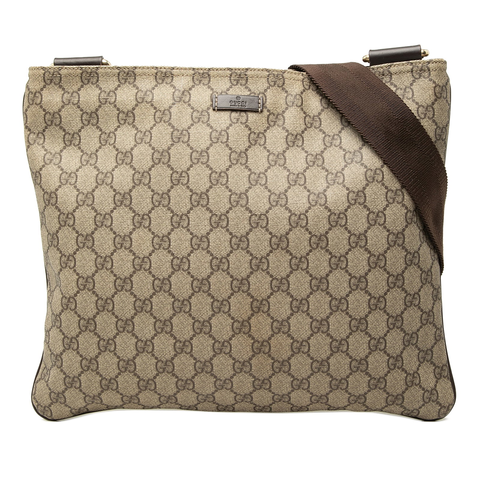 Gucci GG Supreme Beige Coated Canvas Crossbody Bag: Gucci GG Supreme Beige Coated Canvas Crossbody Bag Gucci GG Supreme crossbody bag crafted with a coated canvas body and leather trim. It features an adjustable flat shoulder strap, a top zip closure, 