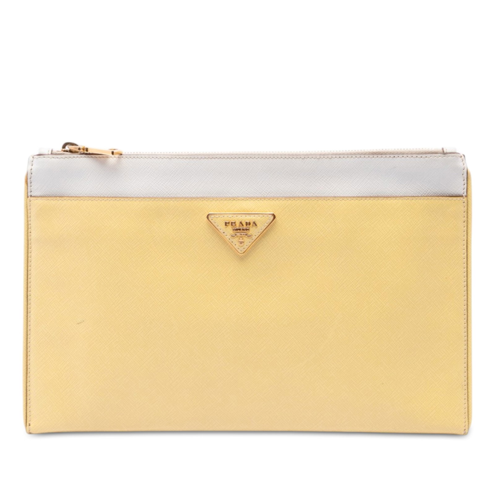 Prada Bicolor Saffiano Lux Leather Zip Clutch Bag: Prada Bicolor Saffiano Lux Leather Zip Clutch Bag Prada Bicolor Saffiano Lux clutch in yellow leather with a top zip closure and an interior fitted with zip and slip pockets. Made in Italy. Condition 