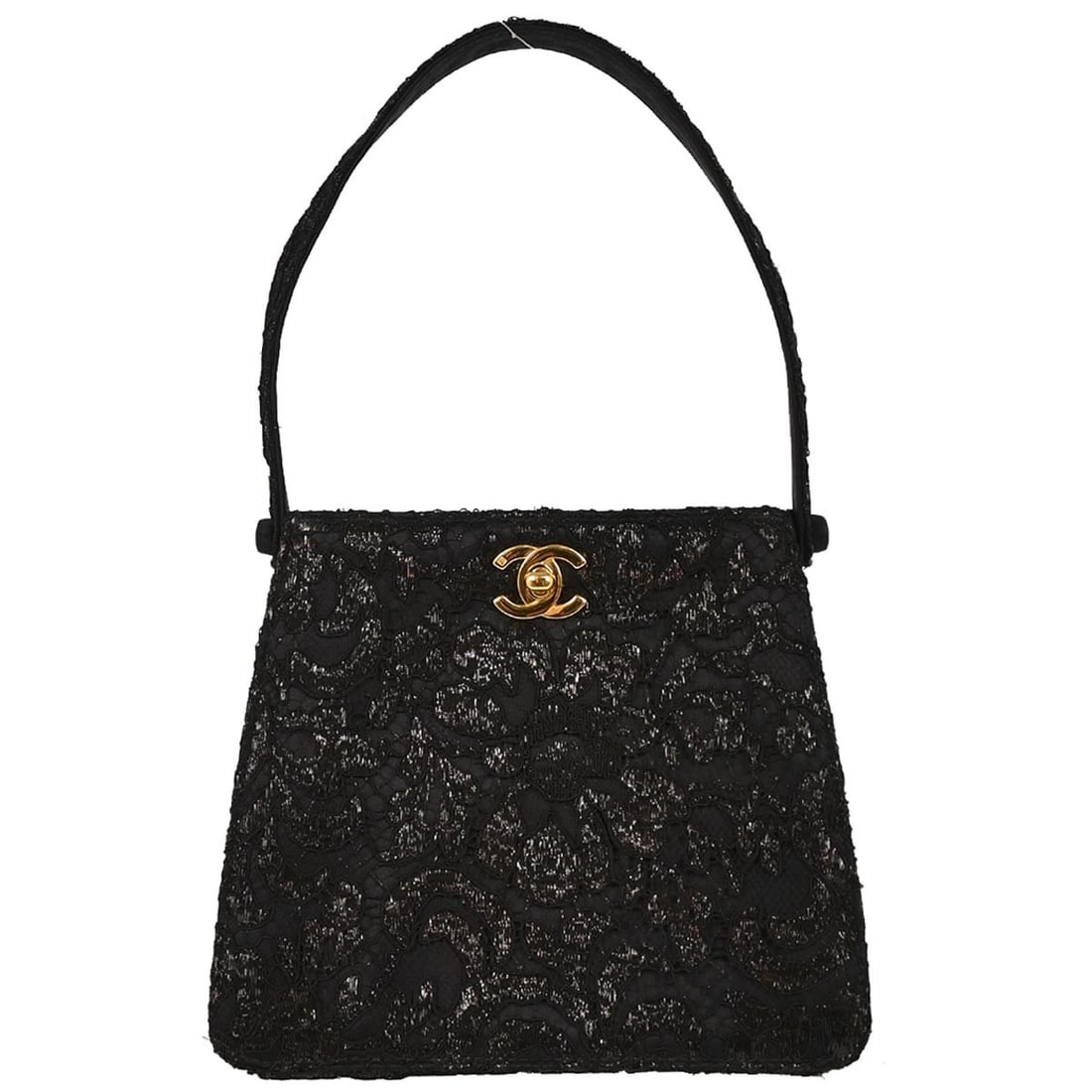 CHANEL Medium Top Handle Bag in Black Satin Lace: CHANEL Medium Top Handle Bag in Black Satin Lace Chanel top handle handbag in black satin with lace detailing. This medium bag features a turn lock closure and an interior with two pockets. Made in Fr