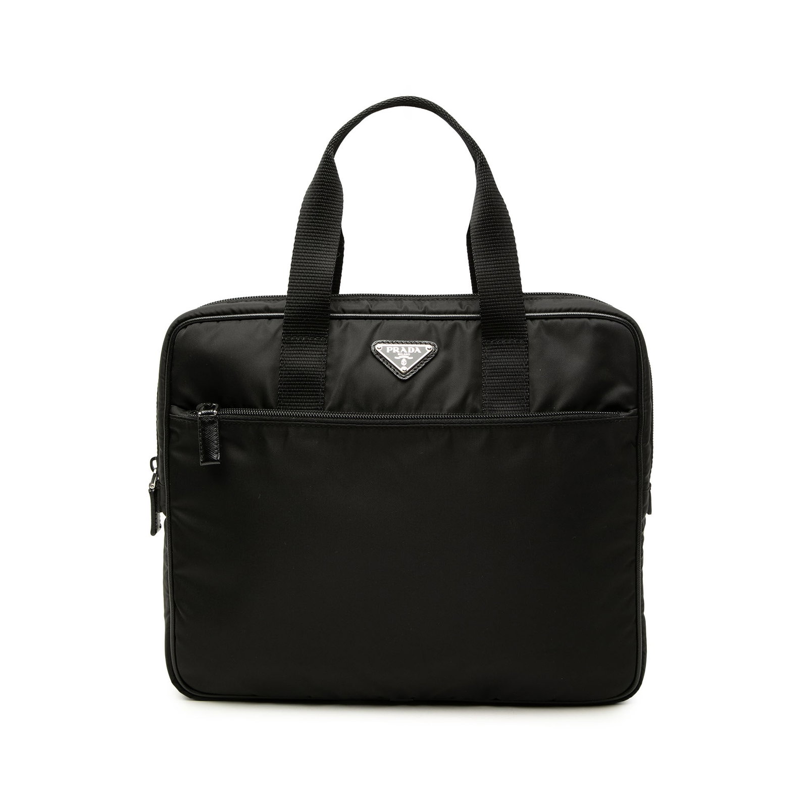 Prada Tessuto Nylon Briefcase Black Leather Trim: Prada Tessuto Nylon Briefcase Black Leather Trim Prada Tessuto business bag in black with a nylon body and leather trim. This structured business-style bag features flat handles, a top zip closure,