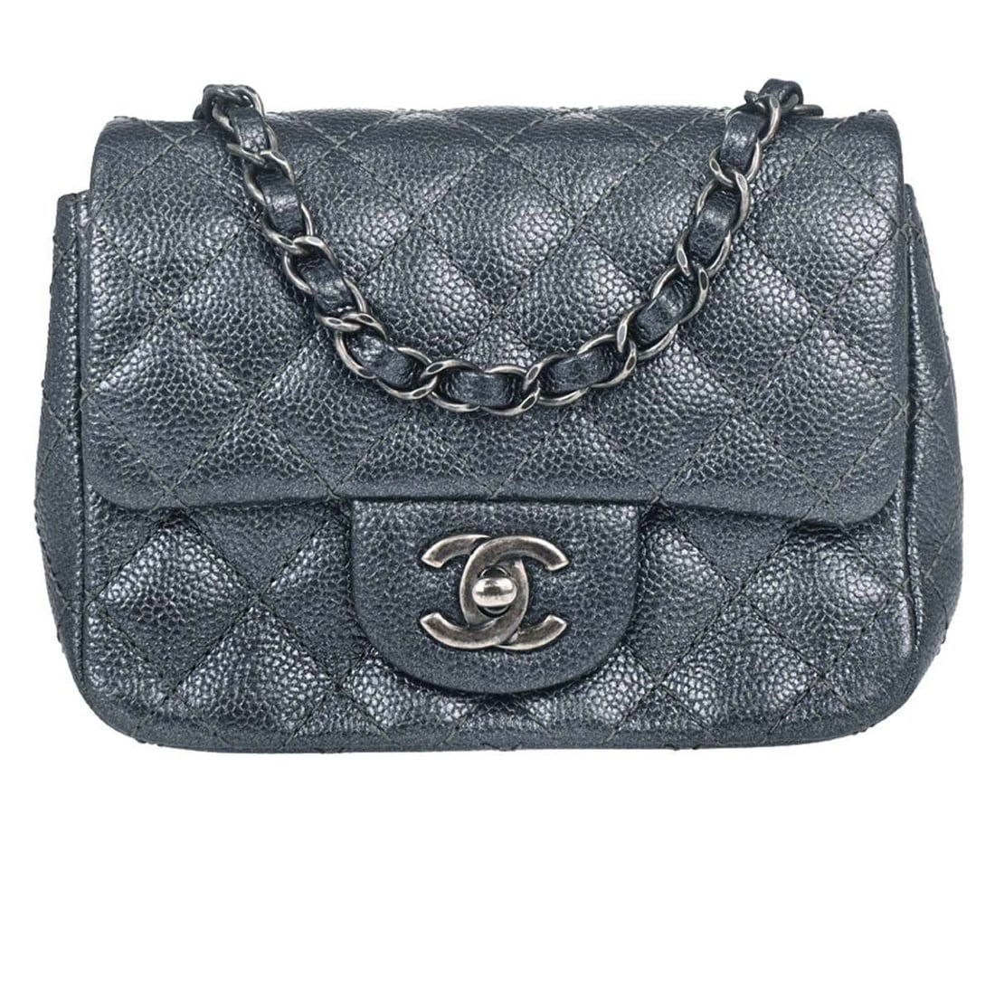 CHANEL Classic Single Flap Mini Shoulder Bag Blue Caviar Leather: CHANEL Classic Single Flap Mini Shoulder Bag Blue Caviar Leather Chanel Mini Classic Square Flap 17 shoulder bag in metallic blue caviar skin leather. This women's bag features a turn lock closure, a
