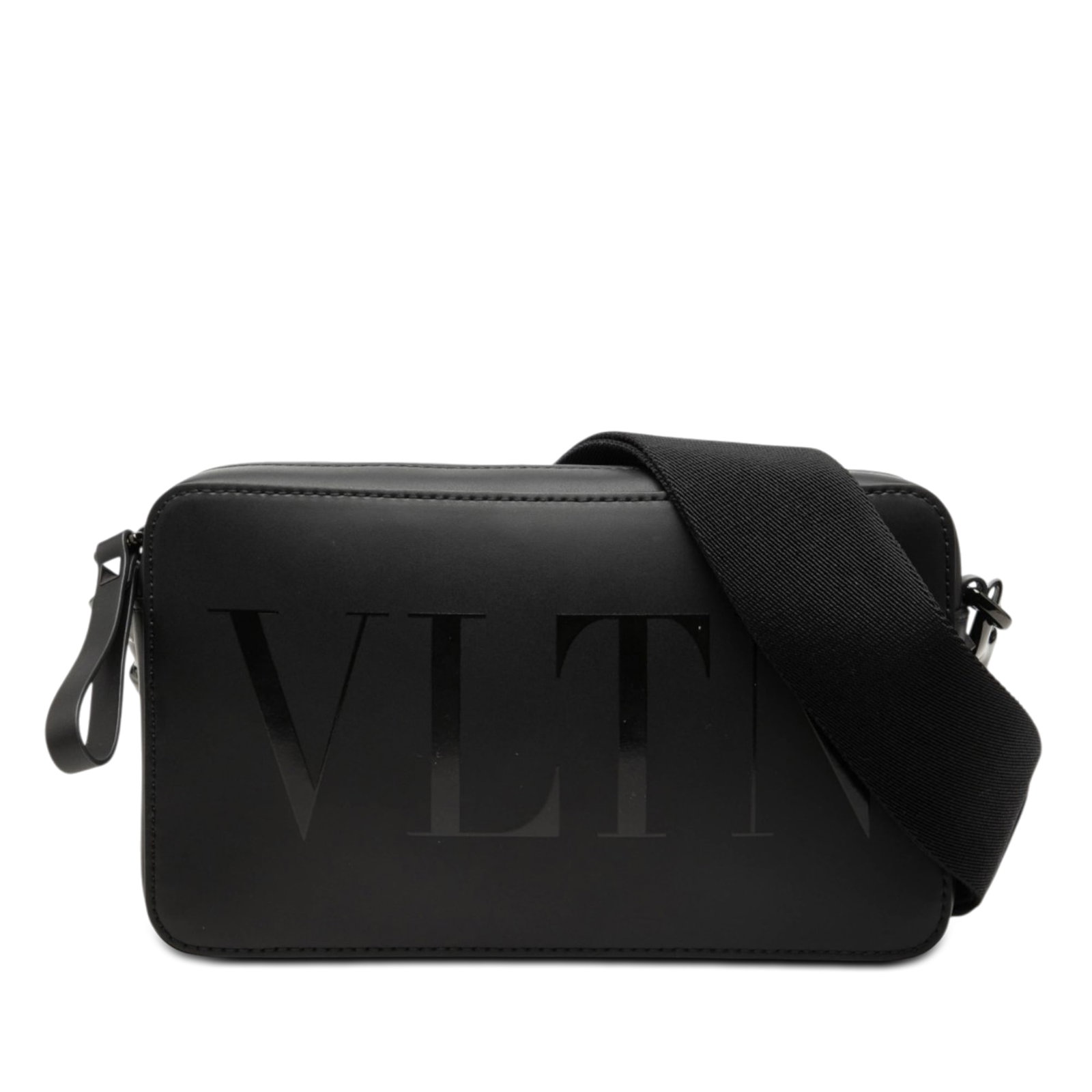 Valentino VLTN Leather Crossbody Bag Black Italy: Valentino VLTN Leather Crossbody Bag Black Italy Valentino Leather VLTN Crossbody in black leather with an adjustable, detachable flat canvas strap and top zip closure. Made in Italy. Condition: B+ wi