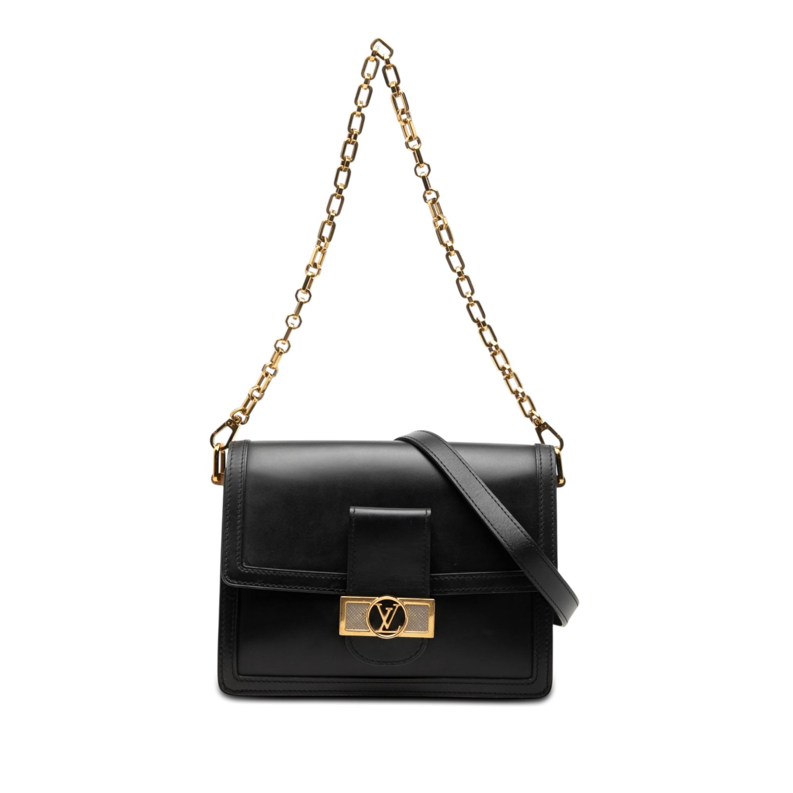 Louis Vuitton Dauphine MM Black Calfskin Shoulder Bag: Louis Vuitton Dauphine MM Black Calfskin Shoulder Bag Louis Vuitton Dauphine MM bag crafted in calfskin leather with a black finish. It features a detachable chain-link shoulder strap, a flat adjustab