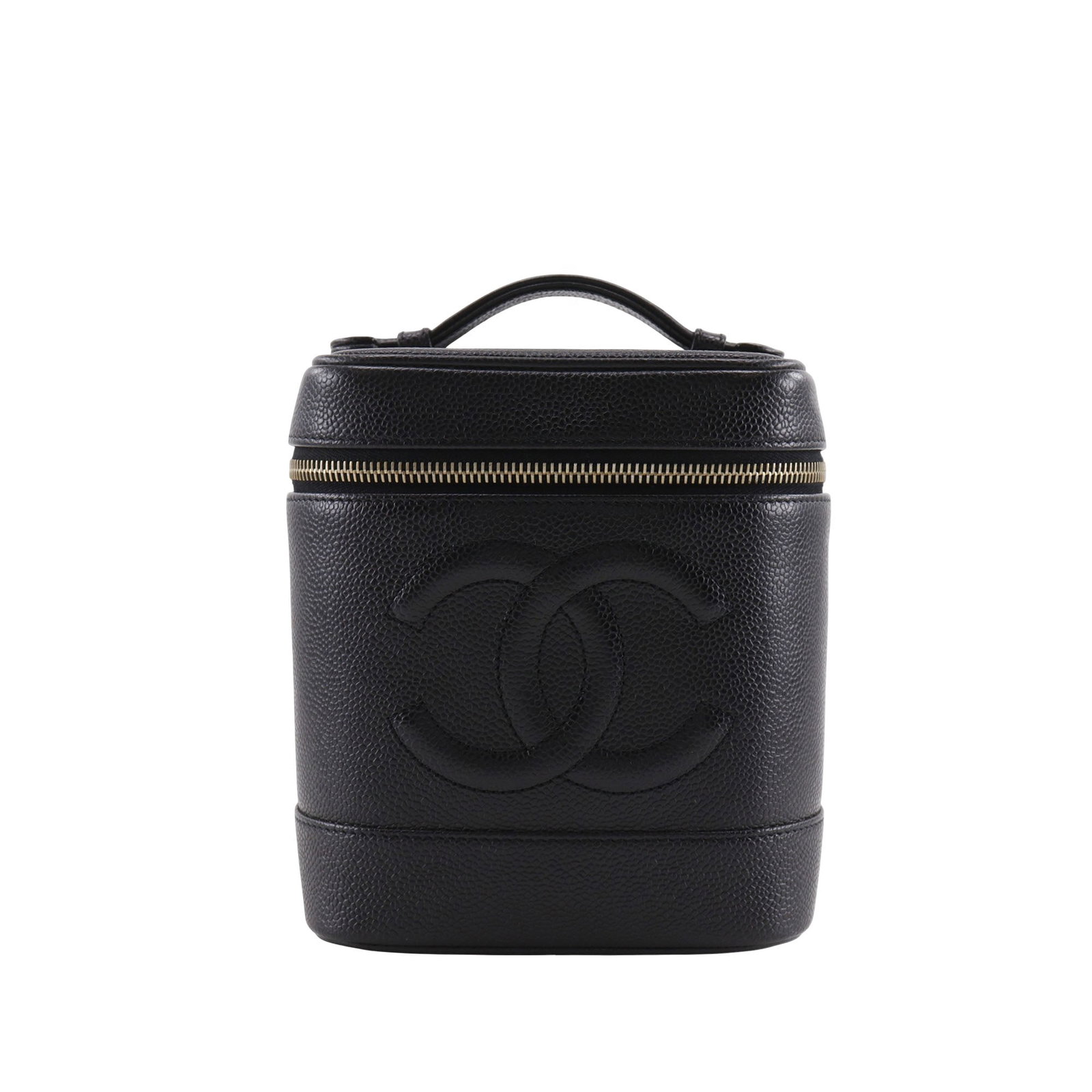 Chanel CC Caviar Leather Vanity Bag Black: Chanel CC Caviar Leather Vanity Bag Black A Chanel CC Caviar Vanity Bag crafted in black caviar leather. This vanity bag features a flat leather top handle, a zip-around top closure, and an interior s