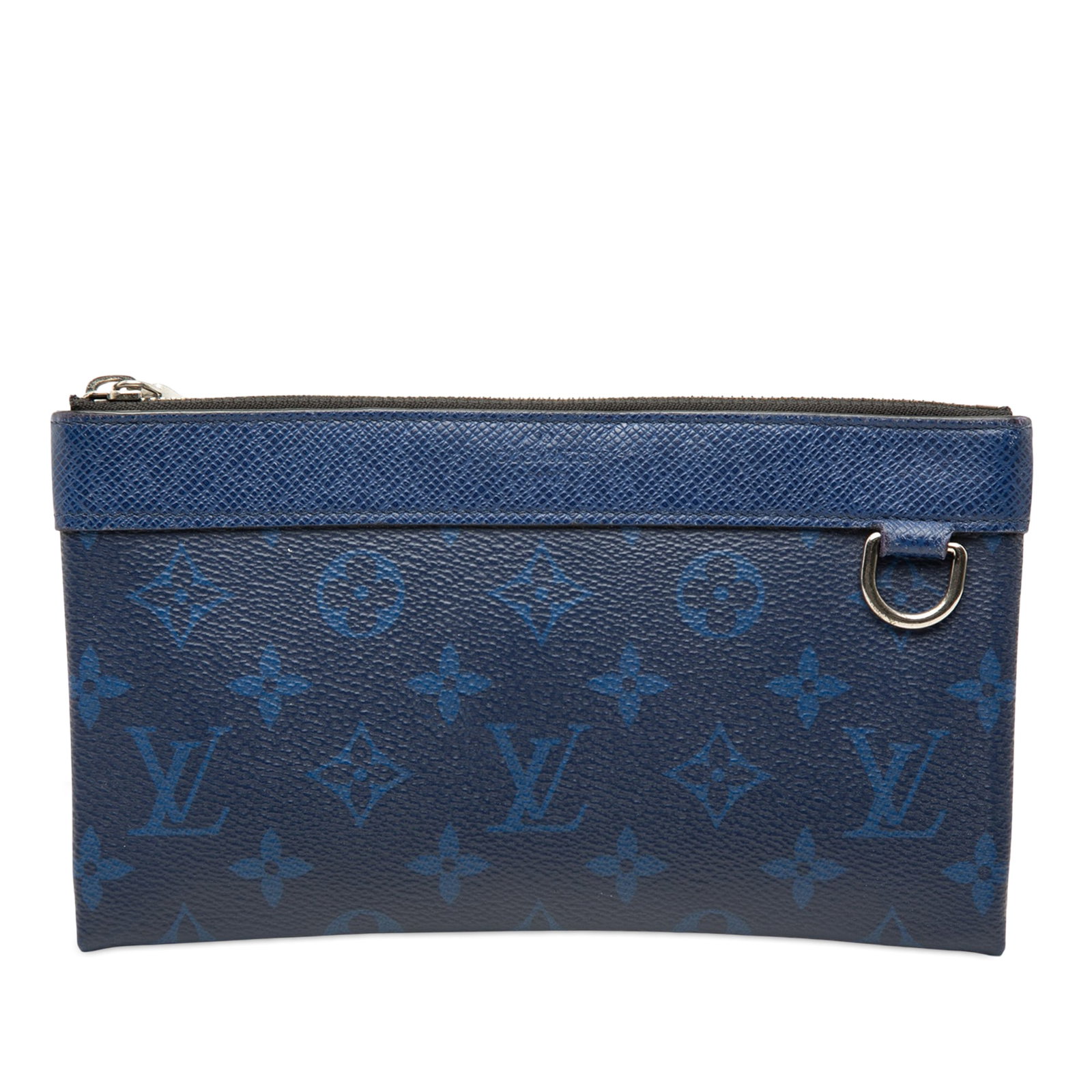 Louis Vuitton Pochette Discovery PM Monogram Taigarama Blue Pouch: Louis Vuitton Pochette Discovery PM Monogram Taigarama Blue Pouch Louis Vuitton Monogram Taigarama Pochette Discovery PM crafted with a monogram canvas and Taiga leather body. This zip-top pouch inclu
