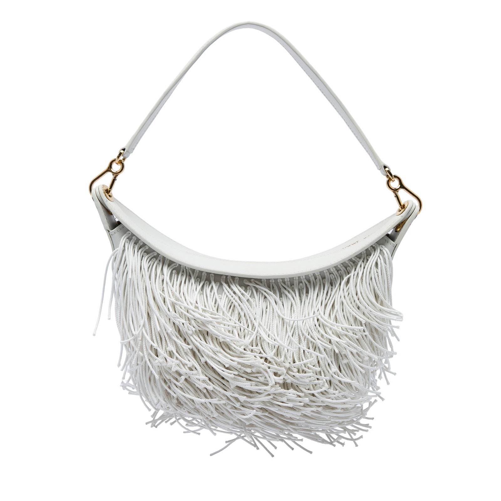 LOEWE Luna Hobo Small White Leather Bag with Fringe: LOEWE Luna Hobo Small White Leather Bag with Fringe A compact LOEWE Luna hobo crafted in white leather with fringe detailing. This bag features a detachable flat leather strap, an open top with snap c