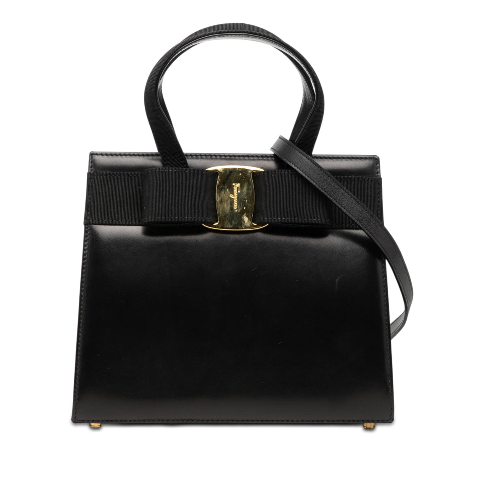 Ferragamo Vara Bow Leather Satchel Bag Black: Ferragamo Vara Bow Leather Satchel Bag Black Ferragamo Leather Vara Bow Satchel in black leather, made in Italy. It features flat top handles, a detachable flat shoulder strap, top magnetic snap butto