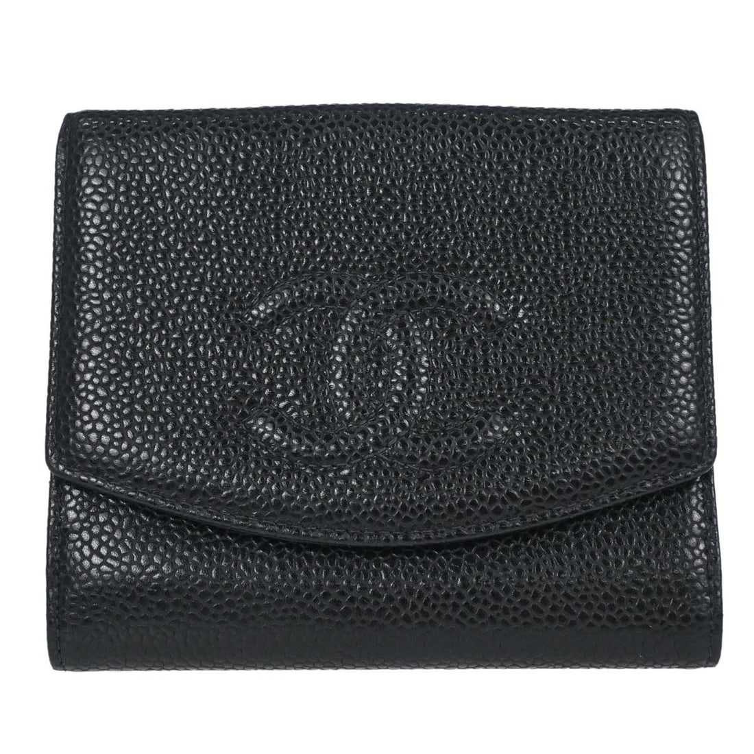 CHANEL CC black caviar leather bifold wallet for women: CHANEL CC black caviar leather bifold wallet for women Vintage Chanel bifold wallet in black caviar skin leather with a CC pattern and folding design. The wallet includes an exterior coin pocket and a