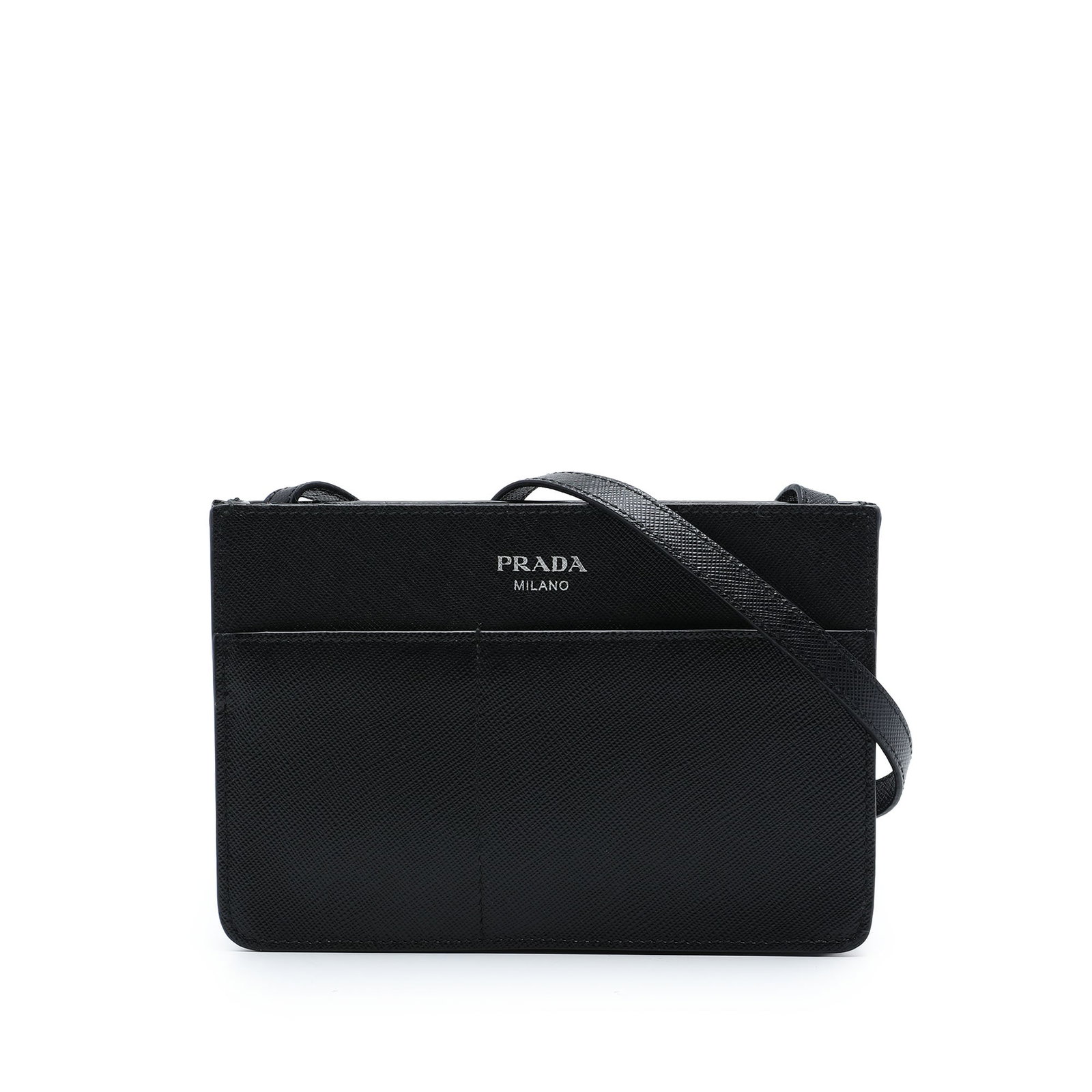 Prada Saffiano Soft Bandoliera Leather Crossbody Bag Black: Prada Saffiano Soft Bandoliera Leather Crossbody Bag Black Prada Saffiano Soft Bandoliera crossbody bag in black saffiano leather. The bag features a flat leather strap, an exterior slip pocket, and a