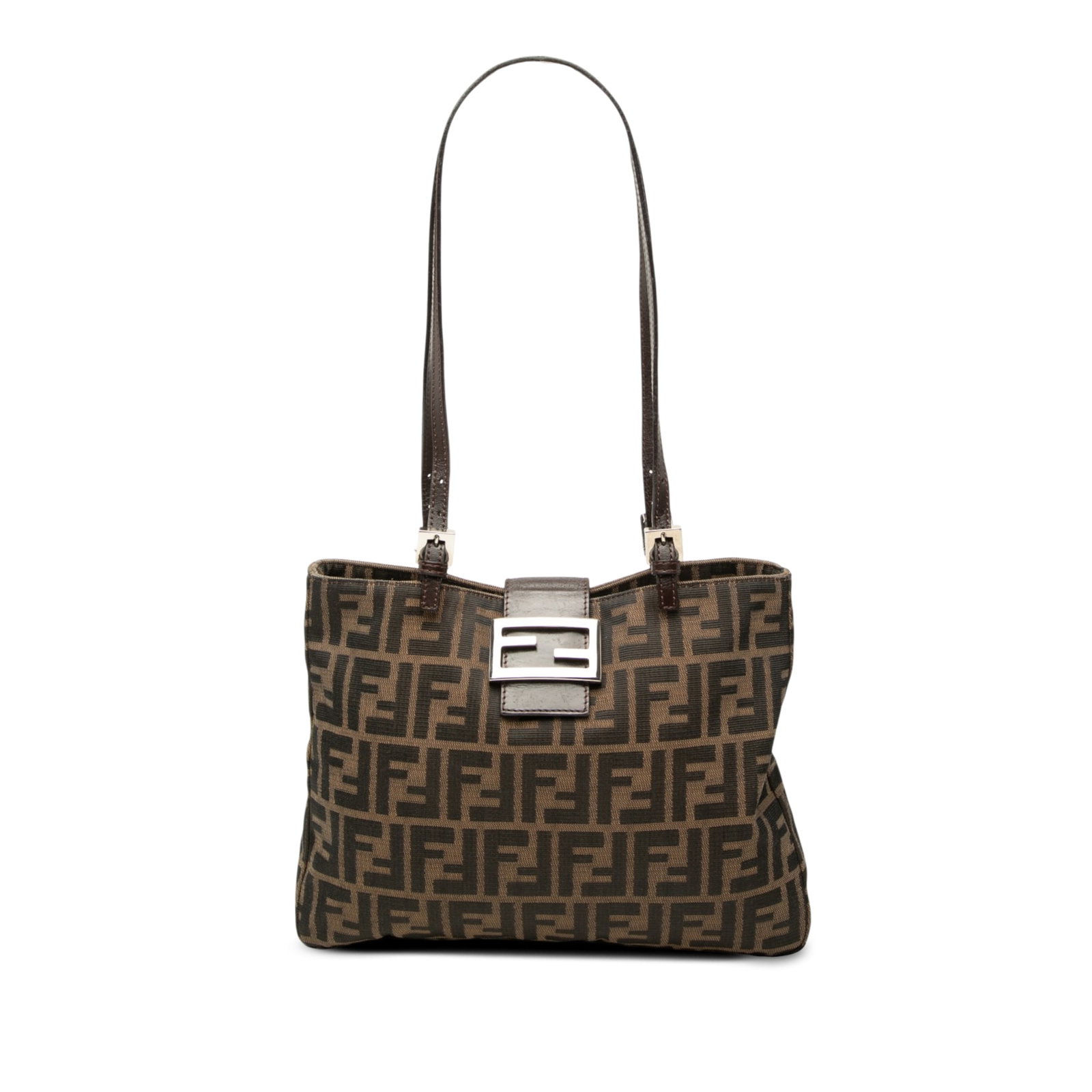 Fendi Zucca Brown Canvas Shoulder Handbag: Fendi Zucca Brown Canvas Shoulder Handbag Fendi Zucca shoulder bag crafted with a canvas body and flat leather straps. The design features a top strap with magnetic snap closure, along with interior z