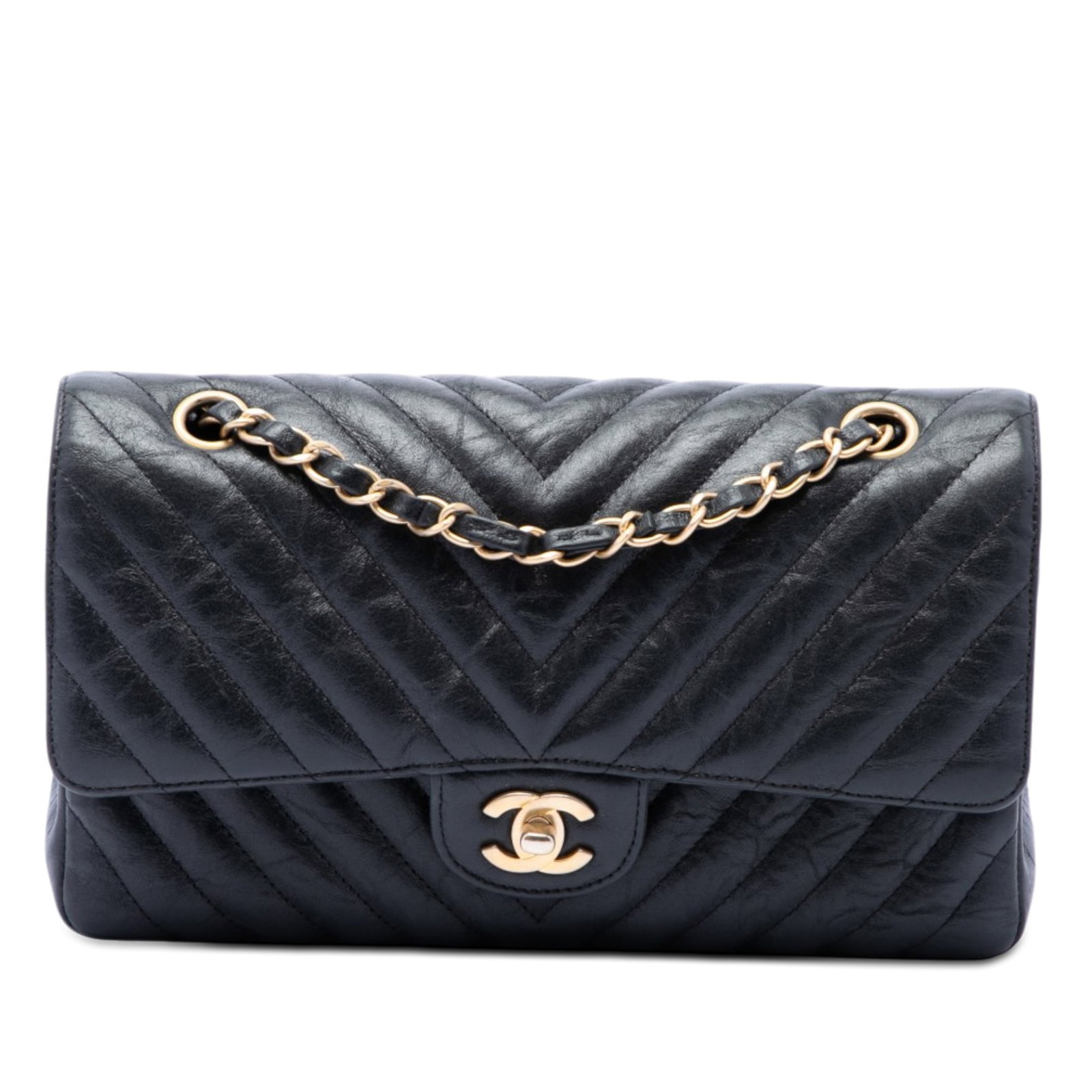 Chanel Medium Classic Double Flap Shoulder Bag Chevron Calfskin Black (1 of 6)