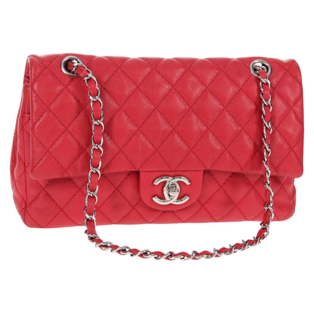 CHANEL Caviar Skin Shoulder Bag Red with Silver CC: CHANEL Caviar Skin Shoulder Bag Red with Silver CC Chanel chain shoulder bag in red grained calf skin with silver-tone CC detailing. Made in Italy, this women's shoulder bag includes a dust bag and gu