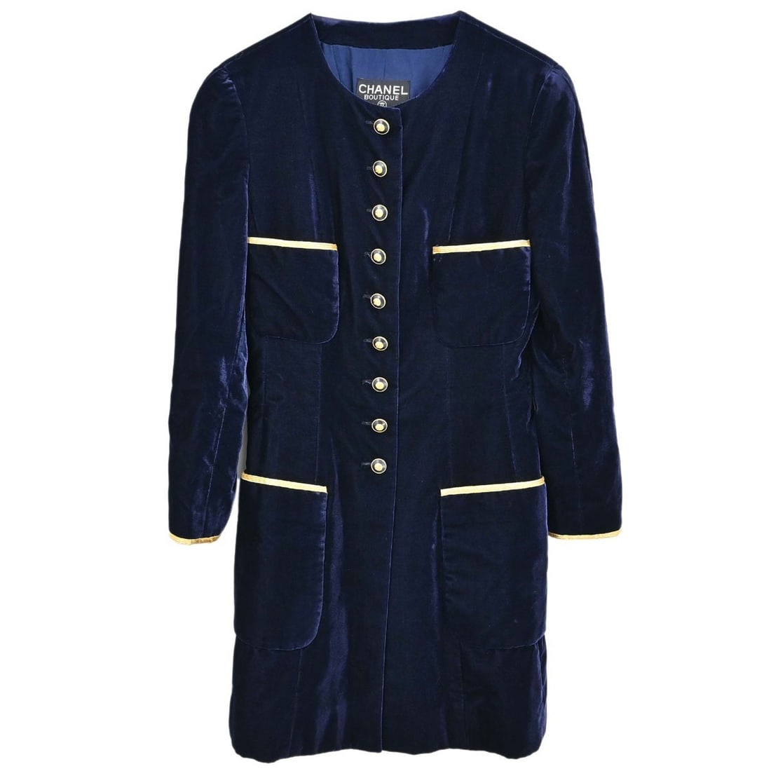CHANEL 93A Collarless Navy Jacket Women Size 38 France: CHANEL 93A Collarless Navy Jacket Women Size 38 France Vintage Chanel collarless jacket in navy with a mid-length silhouette and long sleeves. This women's jacket features a regular fit, button closur