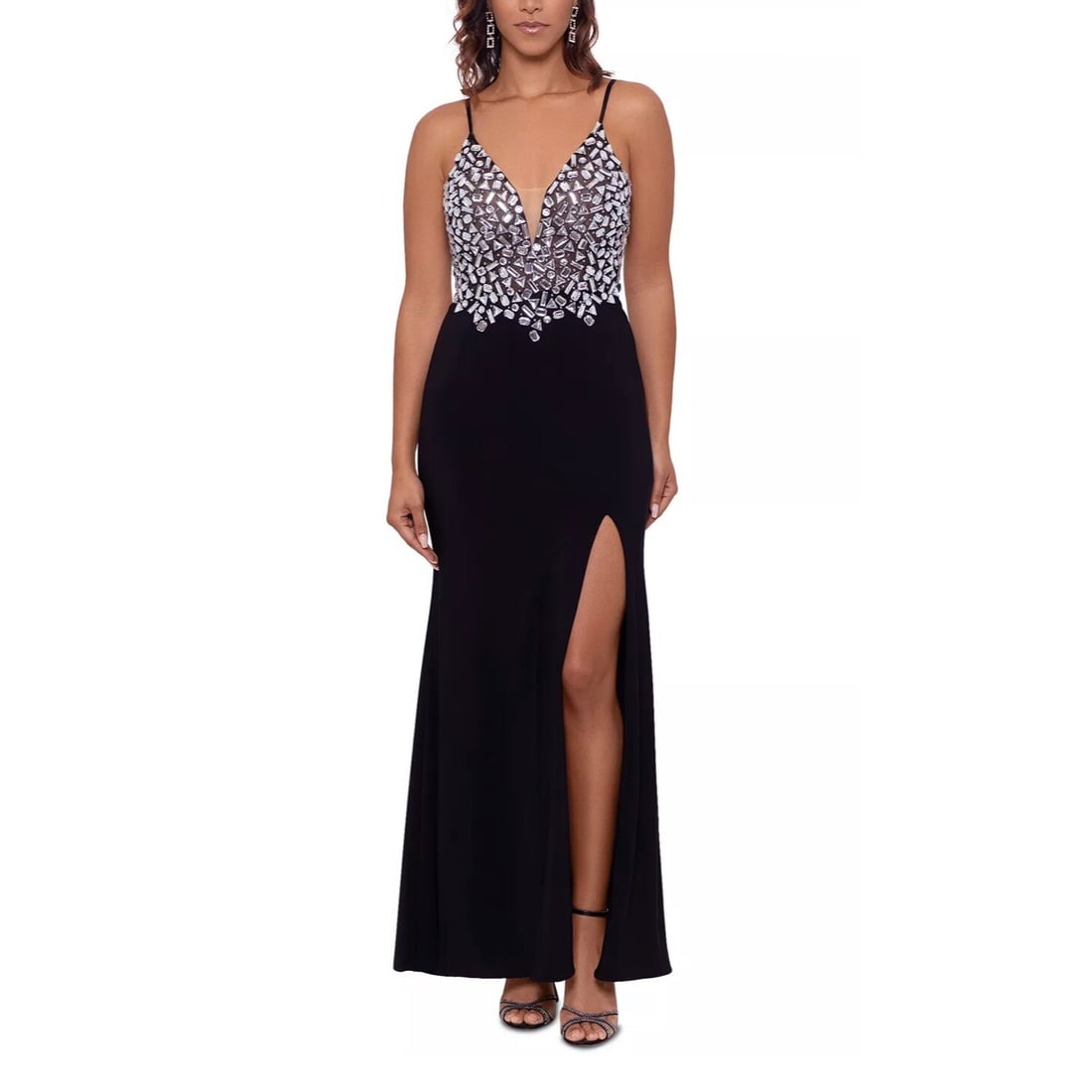 XSCAPE Black Long Gown Dress with Beaded Details Size 8: XSCAPE Black Long Gown Dress with Beaded Details Size 8 Elevate your formal wardrobe with this stunning XSCAPE long gown, featuring a captivating patchwork pattern and elegant beaded accents. The dres