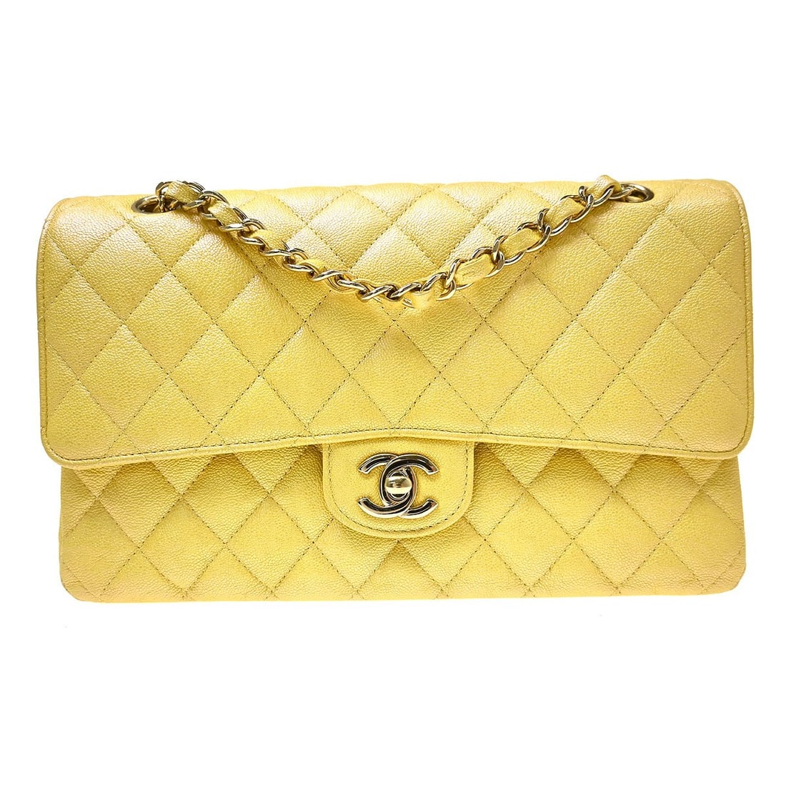 CHANEL Classic Double Flap Small Yellow Caviar Shoulder Bag: CHANEL Classic Double Flap Small Yellow Caviar Shoulder Bag Chanel Small Classic Double Flap shoulder bag in yellow calfskin with matelasse quilting and chain shoulder strap. This women's shoulder bag