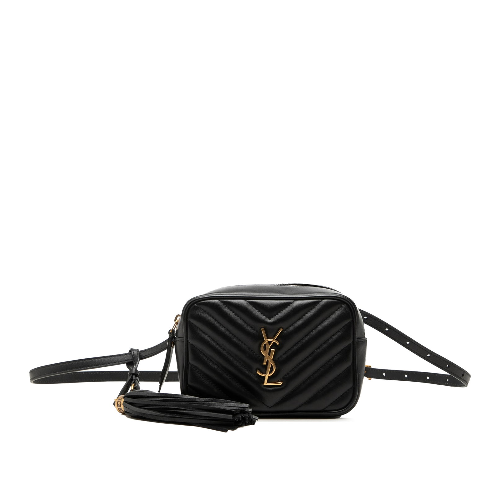 Saint Laurent Lou Monogram Chevron Calfskin Belt Bag Black: Saint Laurent Lou Monogram Chevron Calfskin Belt Bag Black Saint Laurent Lou belt bag in black chevron quilted calfskin with the Monogram tassel design. This belt bag features an adjustable flat leath