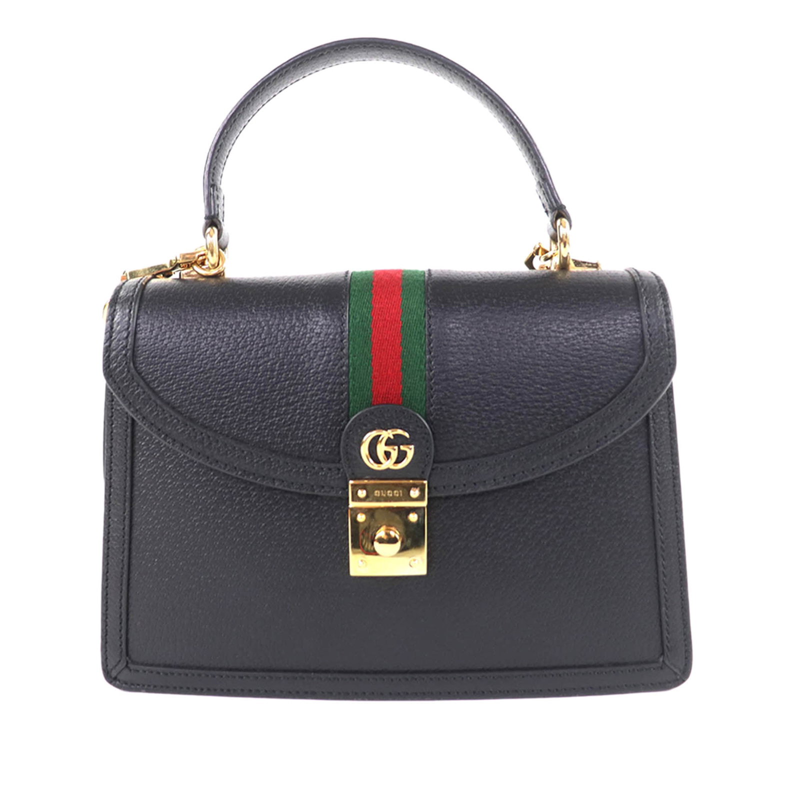 Gucci Ophidia small black calfskin top handle satchel: Gucci Ophidia small black calfskin top handle satchel A Gucci Ophidia top handle flap satchel crafted in black calfskin leather. The bag features a flat leather top handle, a detachable and adjustable