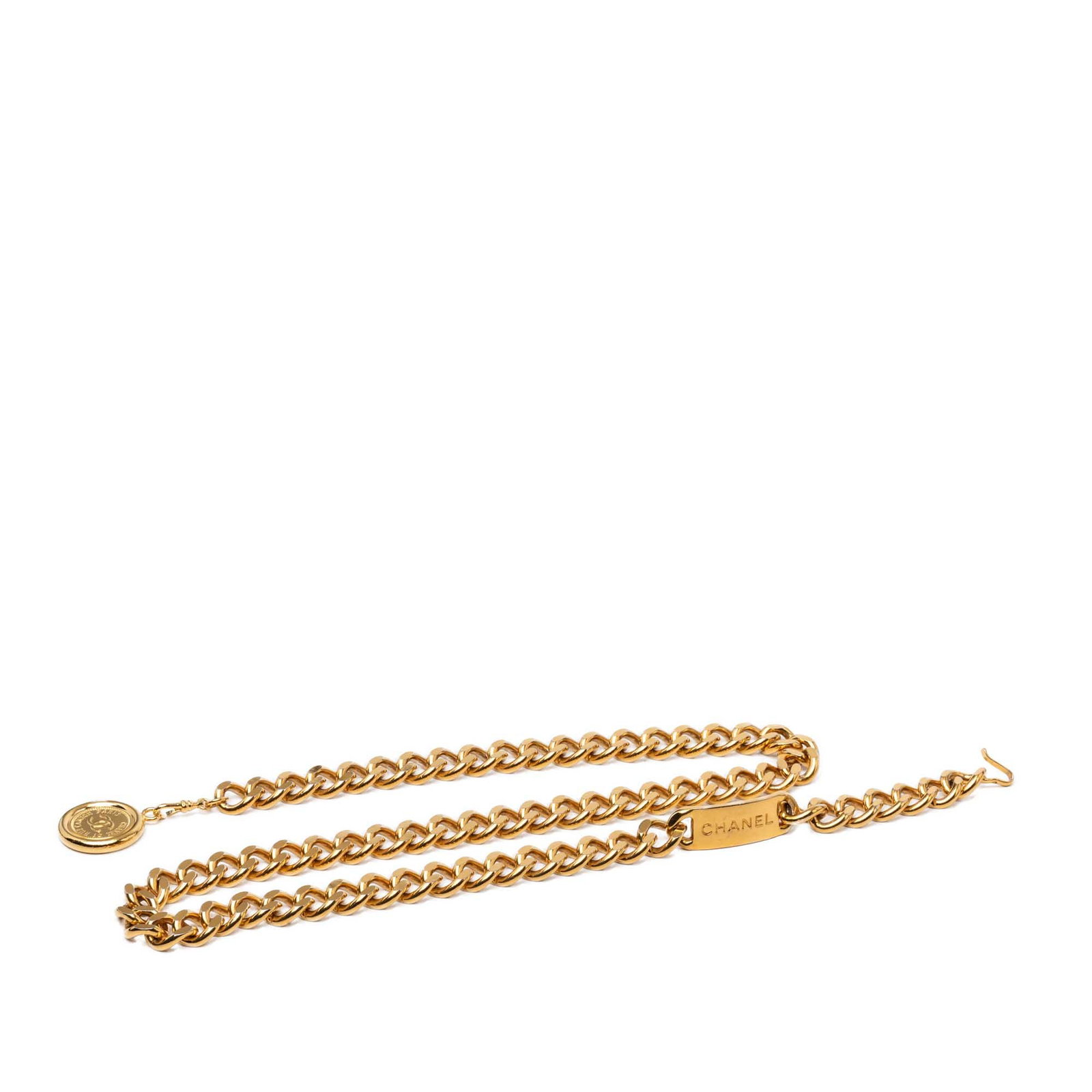 Chanel 31 Rue Cambon CC Medallion Gold Plated Chain Belt: Chanel 31 Rue Cambon CC Medallion Gold Plated Chain Belt Chanel chain belt featuring a gold plated metal body with a 31 Rue Cambon medallion and hook closure. Condition is AB with noted scratches to t