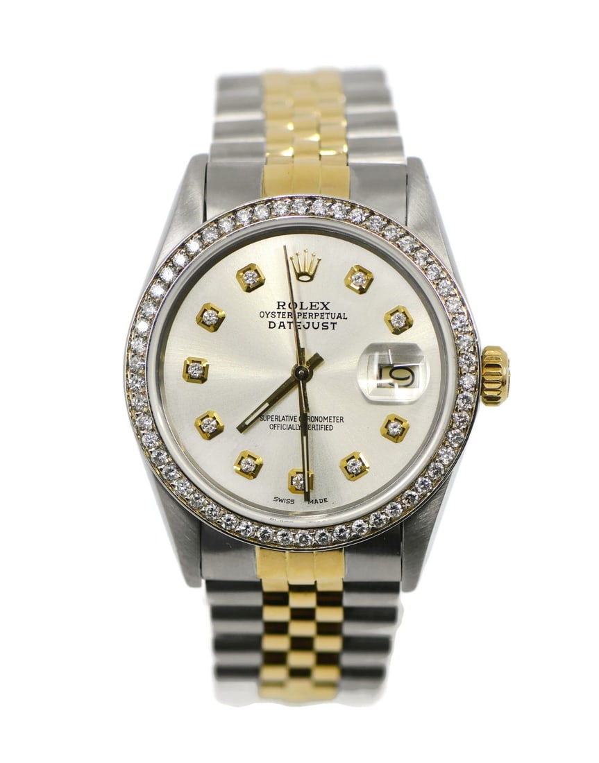 Rolex Datejust Ref 16013 Silver Dial 18K Gold and Steel Automatic Watch 36mm: Rolex Datejust Ref 16013 Silver Dial 18K Gold and Steel Automatic Watch 36mm This Rolex Datejust wristwatch features a 36 mm case crafted from stainless steel and 18K gold. The watch is equipped with 