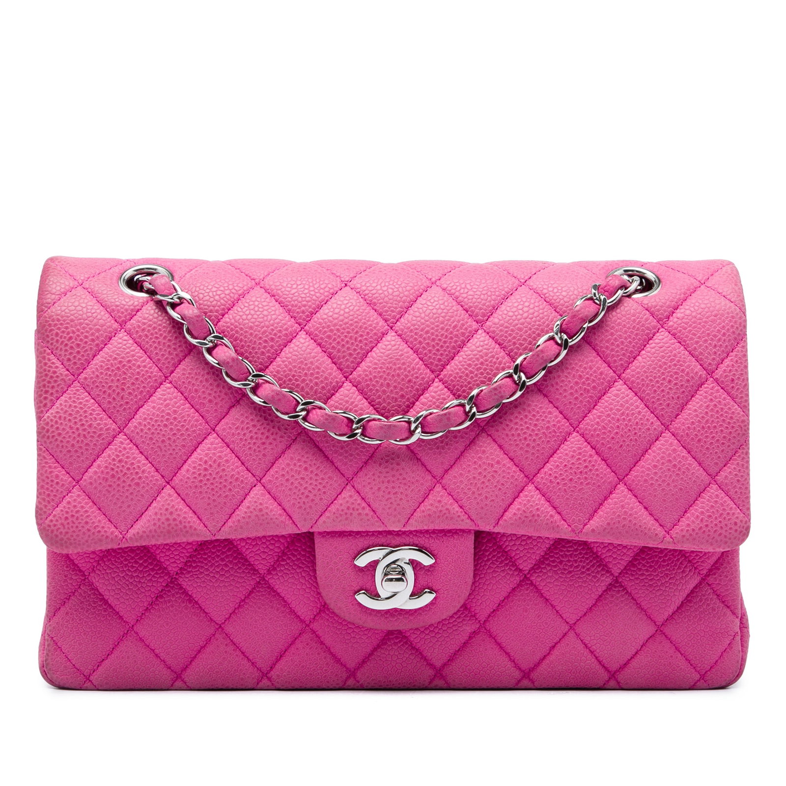 Chanel Medium Classic Double Flap Shoulder Bag Pink Caviar Leather: Chanel Medium Classic Double Flap Shoulder Bag Pink Caviar Leather A Chanel Medium Classic Caviar Double Flap shoulder bag in pink quilted caviar leather. This iconic design features a leather-woven c