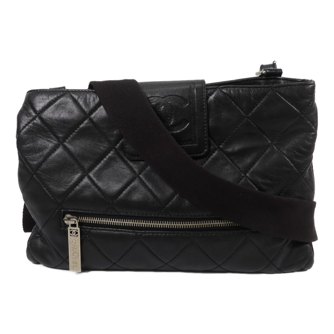 CHANEL CC Black Calfskin Shoulder Bag with Silver Tone Hardware: CHANEL CC Black Calfskin Shoulder Bag with Silver Tone Hardware Chanel CC shoulder bag in black calfskin leather with silver-tone hardware. Designed for women, this shoulder bag features multiple zip 