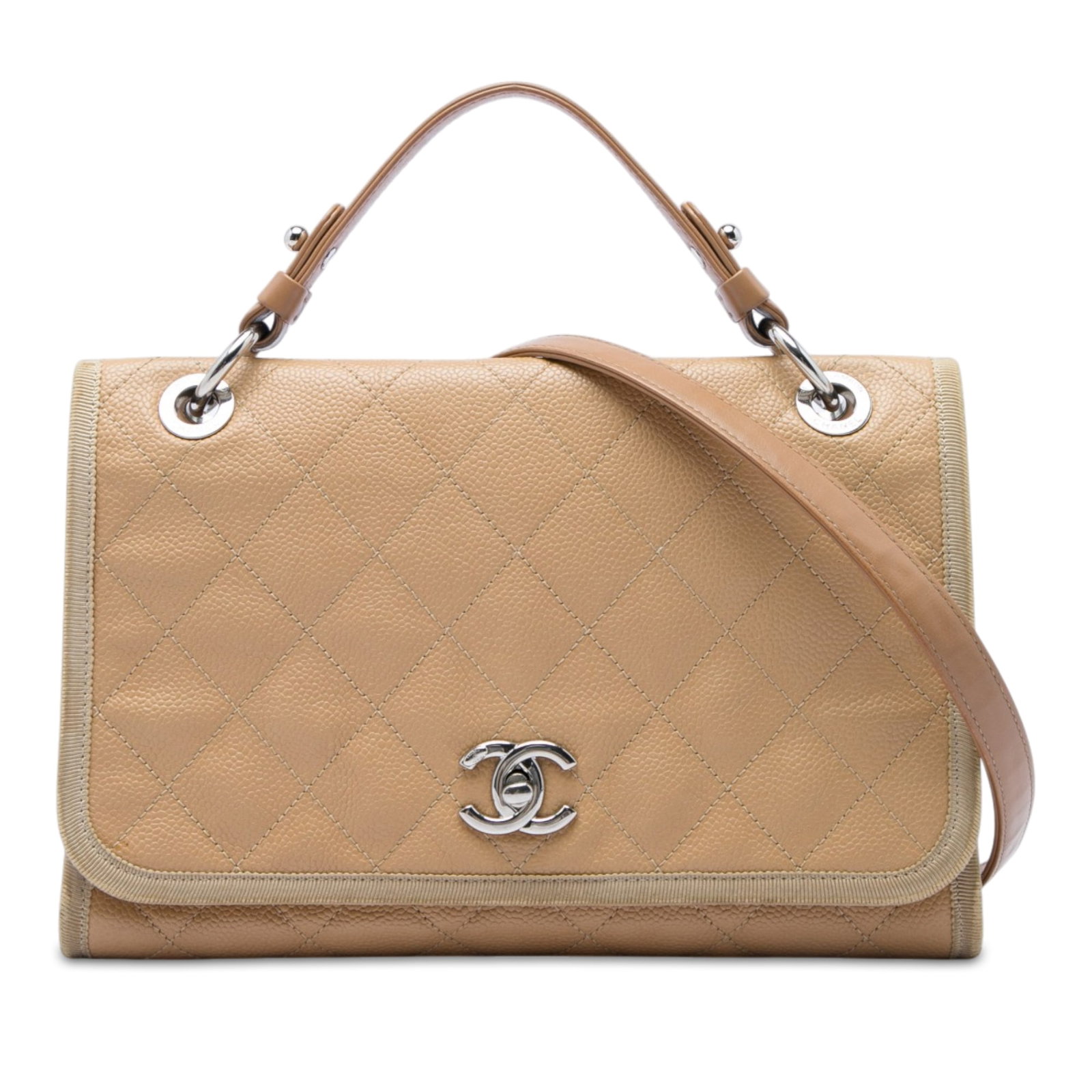 Chanel CC Top Handle Flap Bag Bicolor Quilted Caviar Grosgrain: Chanel CC Top Handle Flap Bag Bicolor Quilted Caviar Grosgrain A Chanel top handle flap bag crafted in bicolor quilted caviar leather and grosgrain. This satchel features a flat leather top handle, a 