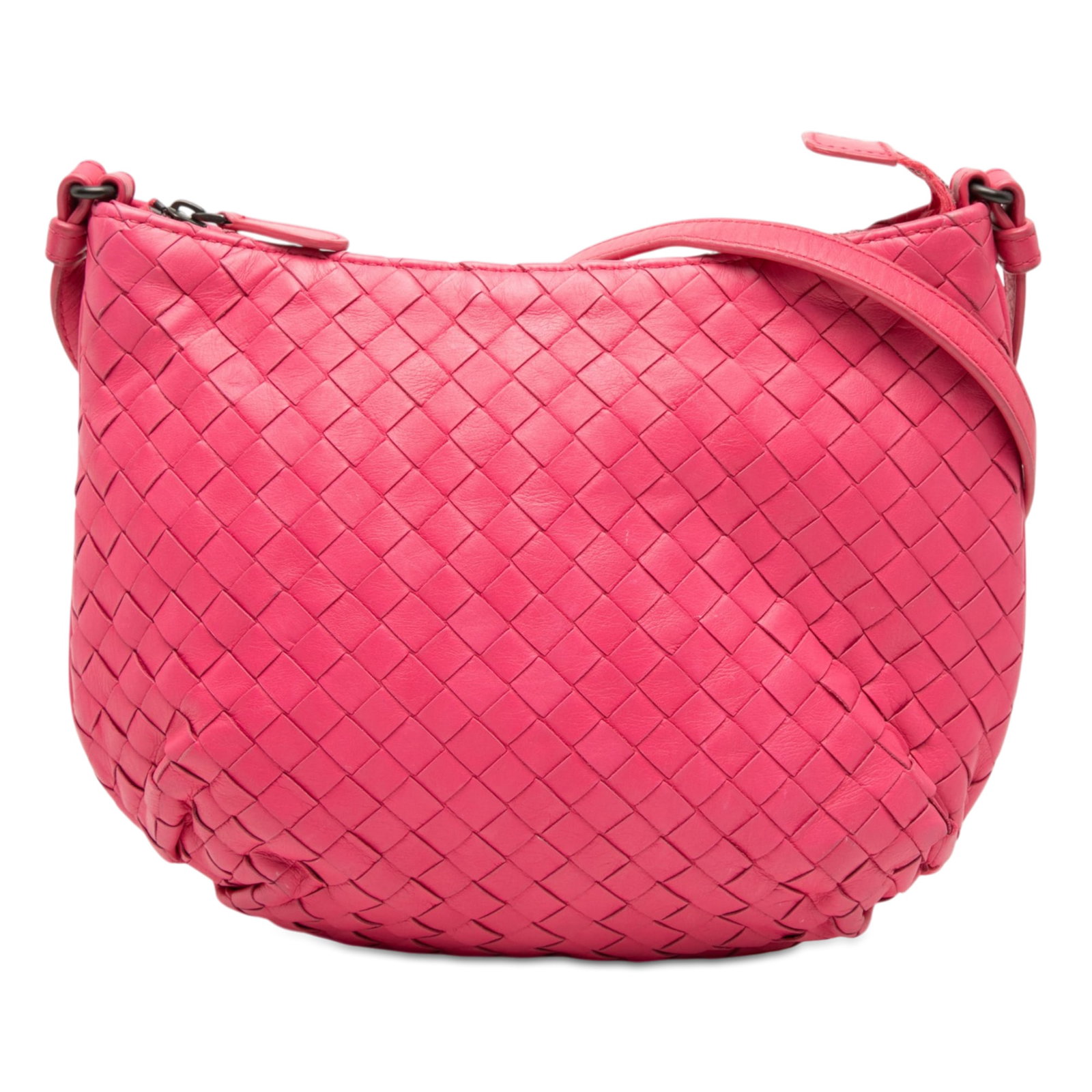 Bottega Veneta Intrecciato Pink Leather Small Crossbody Bag: Bottega Veneta Intrecciato Pink Leather Small Crossbody Bag This small crossbody bag features Bottega Veneta's signature woven nappa leather design in pink. It is equipped with a flat leather shoulder